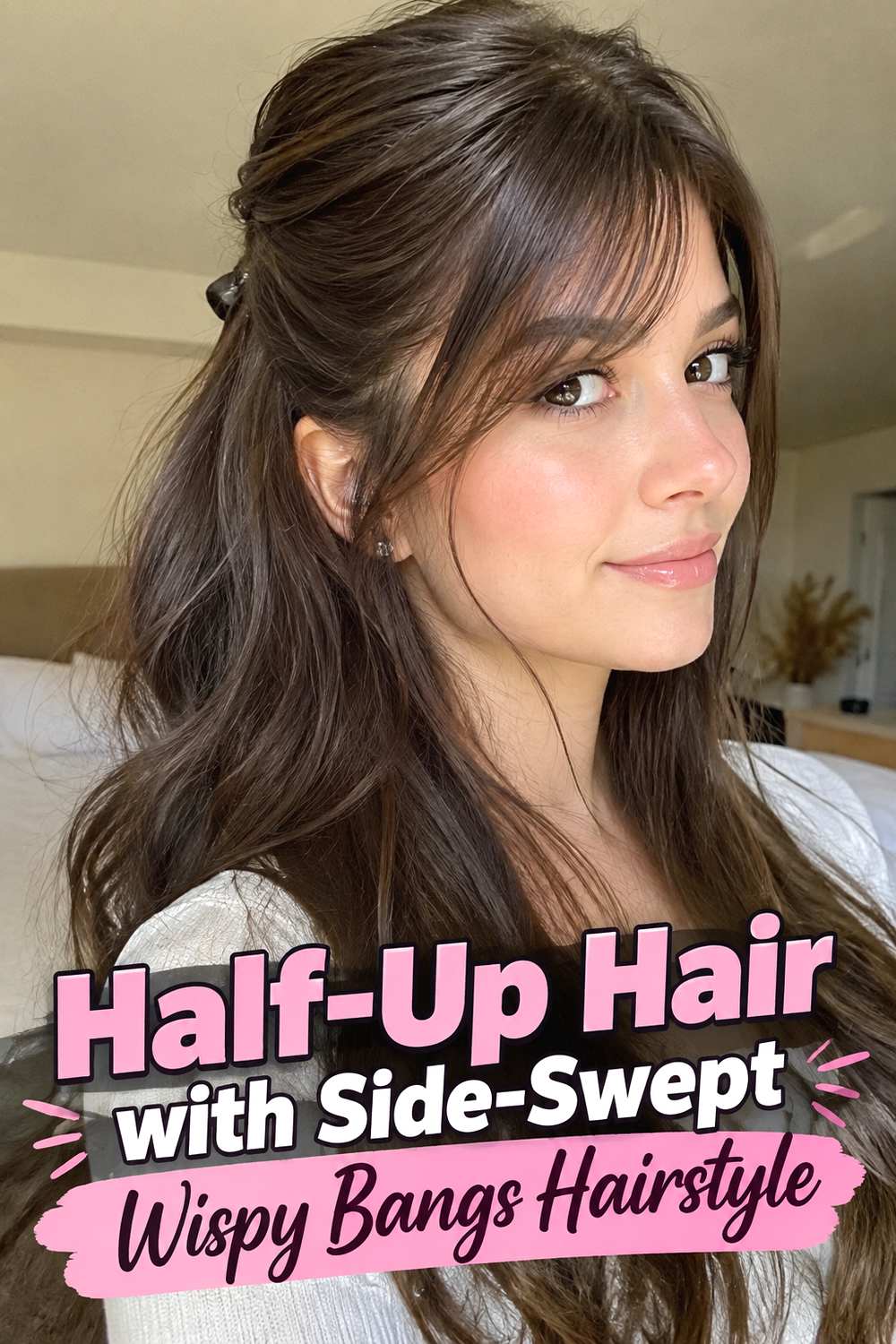 12. Half Up Hair With Side Swept Wispy Bangs Hairstyle