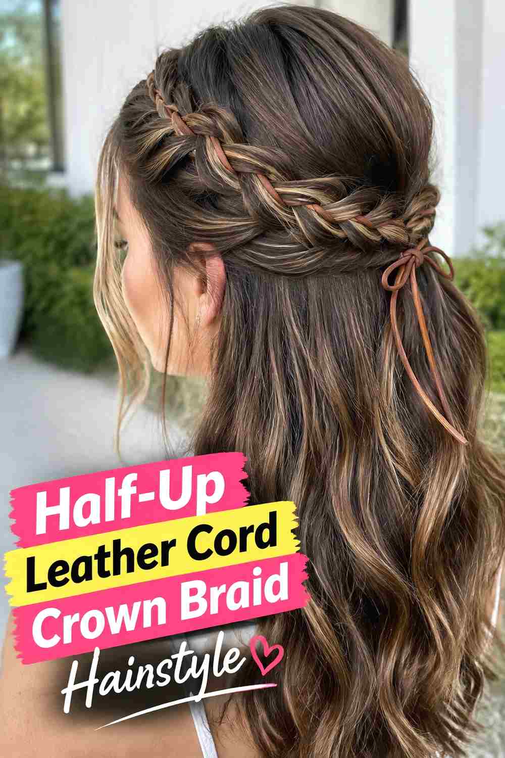 4. Half Up Leather Cord Crown Braid Hairstyle