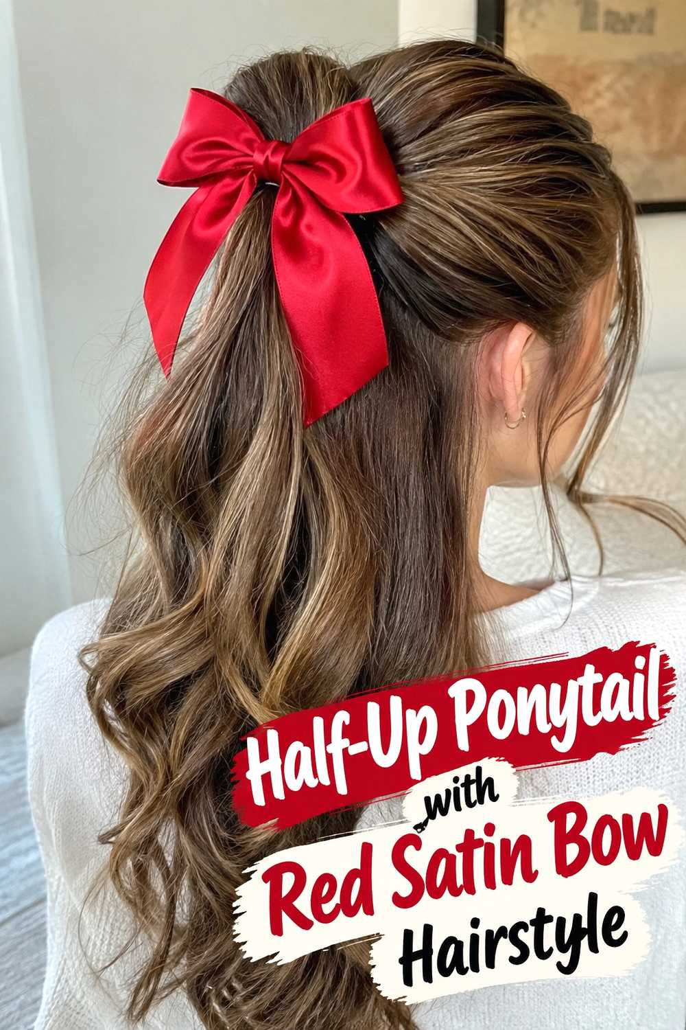 11. Half Up Ponytail With Red Satin Bow Hairstyle
