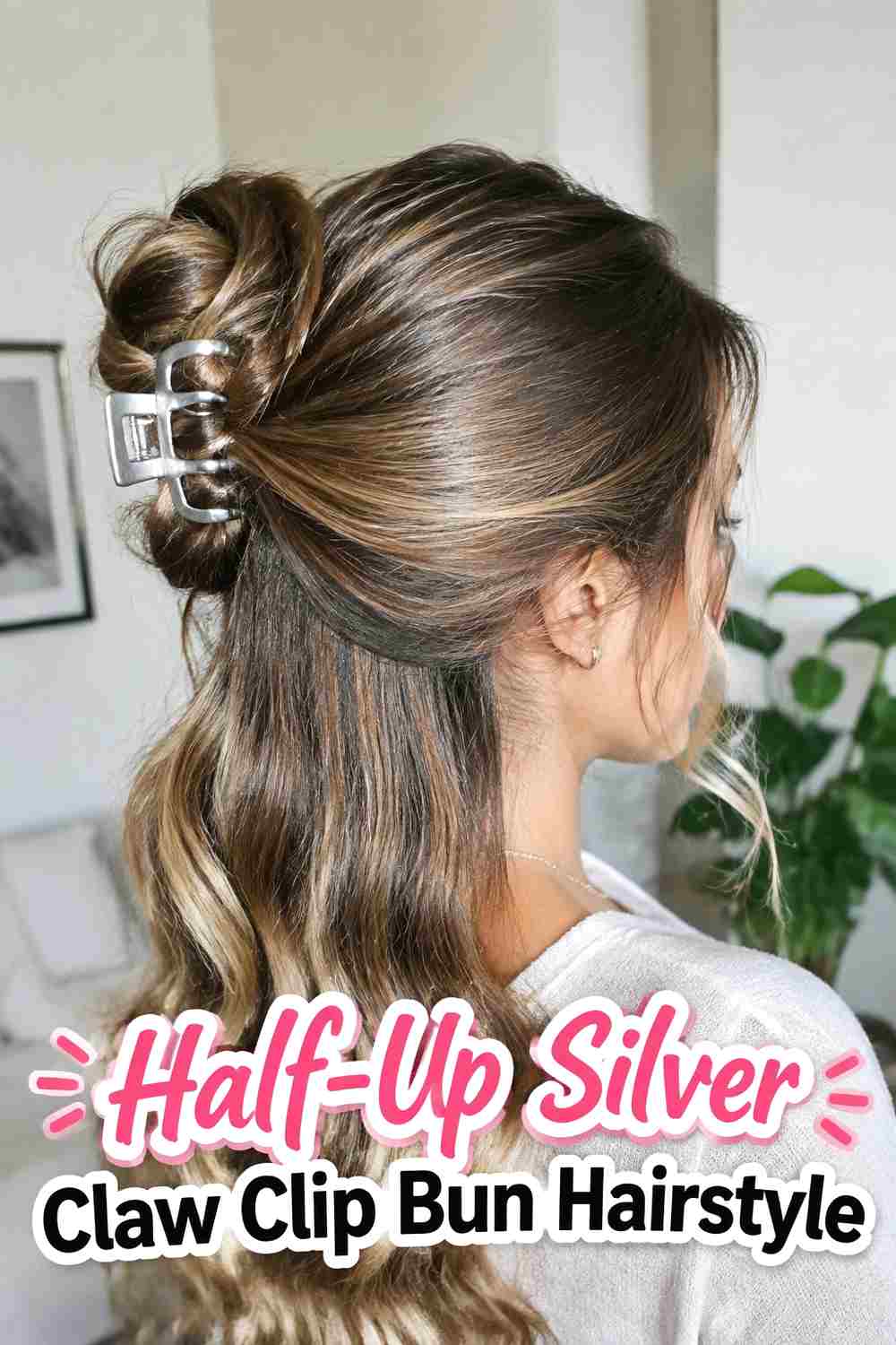 5. Half Up Silver Claw Clip Bun Hairstyle