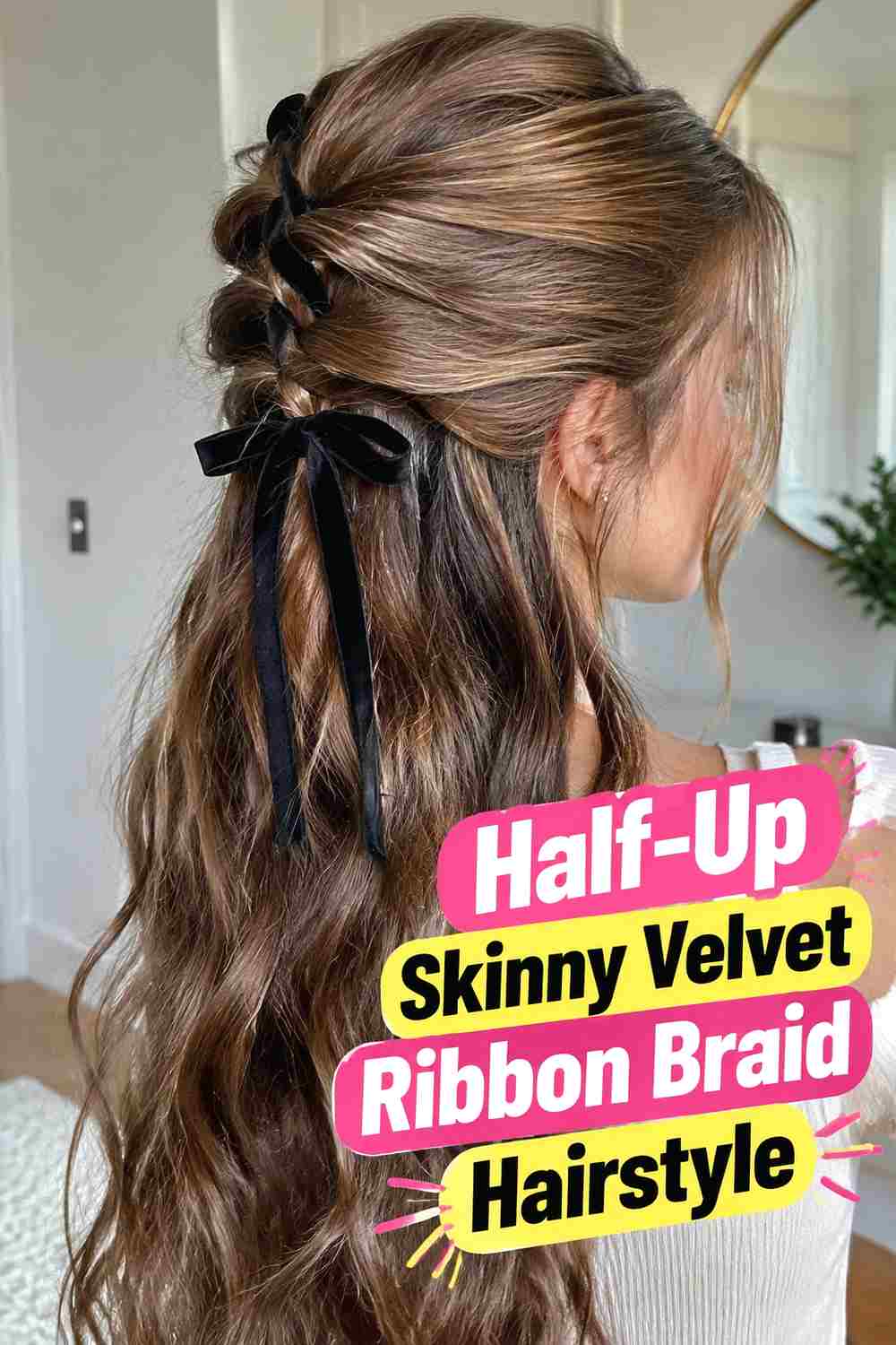 2. Half Up Skinny Velvet Ribbon Braid Hairstyle