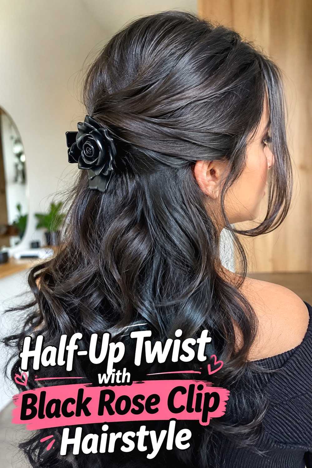 3. Half Up Twist With Black Rose Clip Hairstyle
