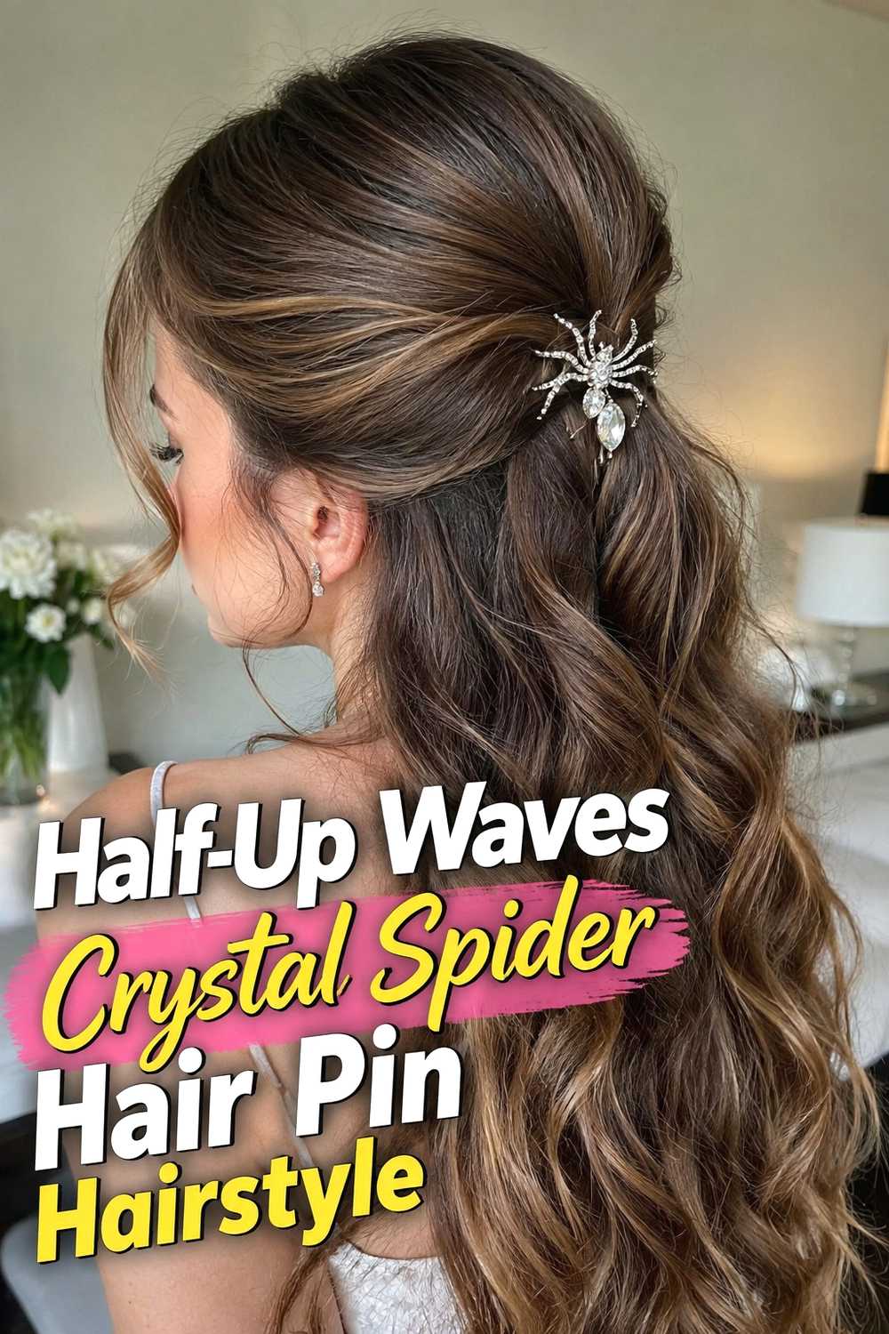 3. Half Up Waves Crystal Spider Hair Pin Hairstyle