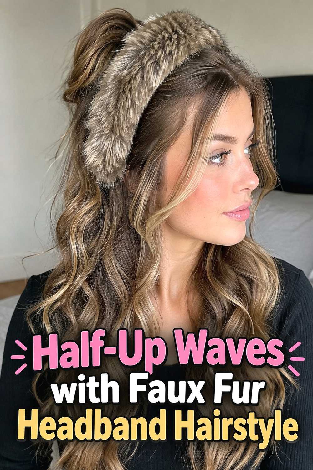 6. Half Up Waves With Faux Fur Headband Hairstyle