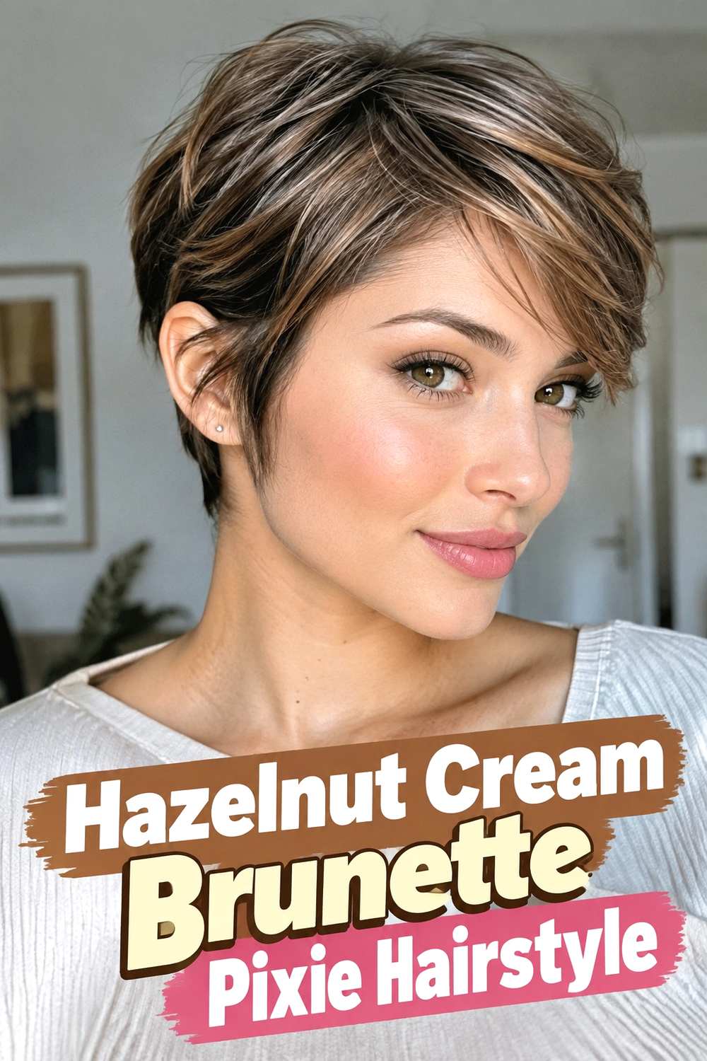 15. Hazelnut Cream Brunette Pixie Hairstyle