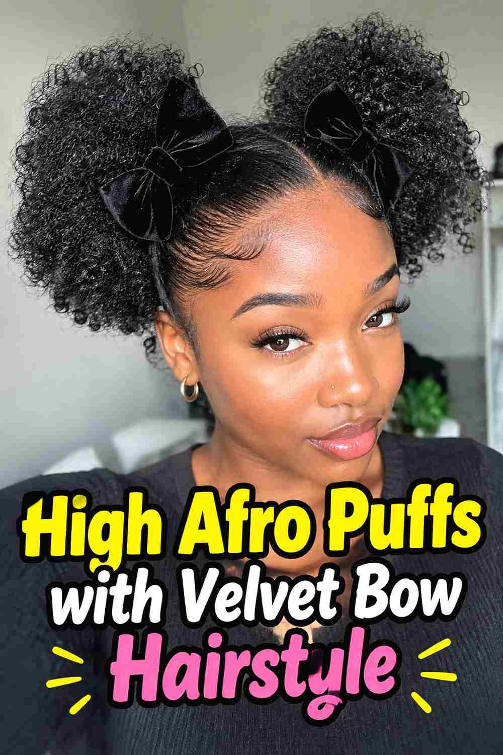 2. High Afro Puffs With Velvet Bow Hairstyle