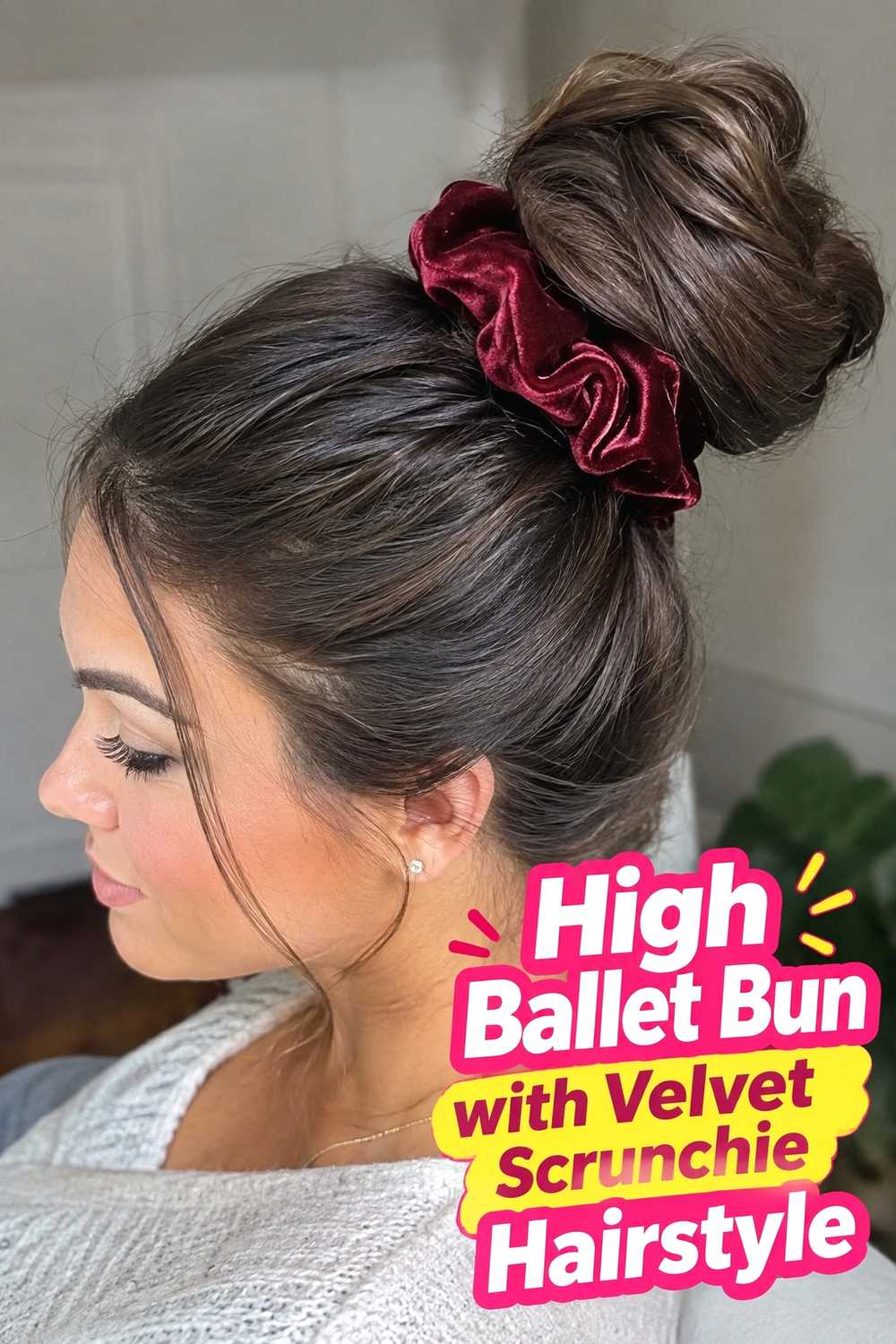 4. High Ballet Bun With Velvet Scrunchie Hairstyle