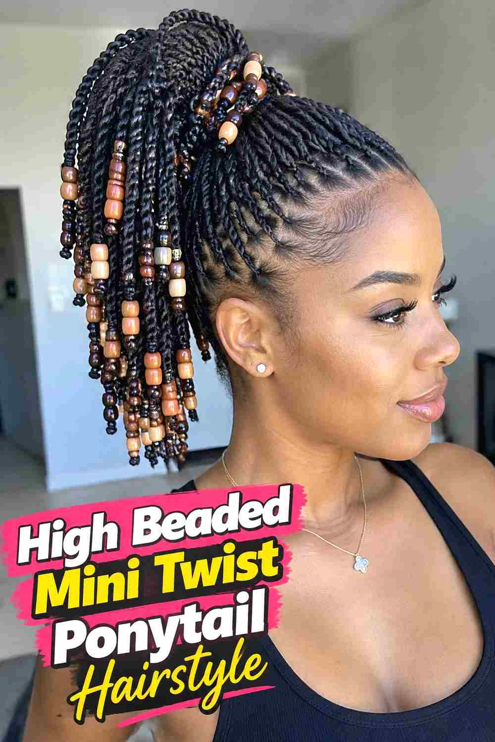 1. High Beaded Mini Twist Ponytail Hairstyle