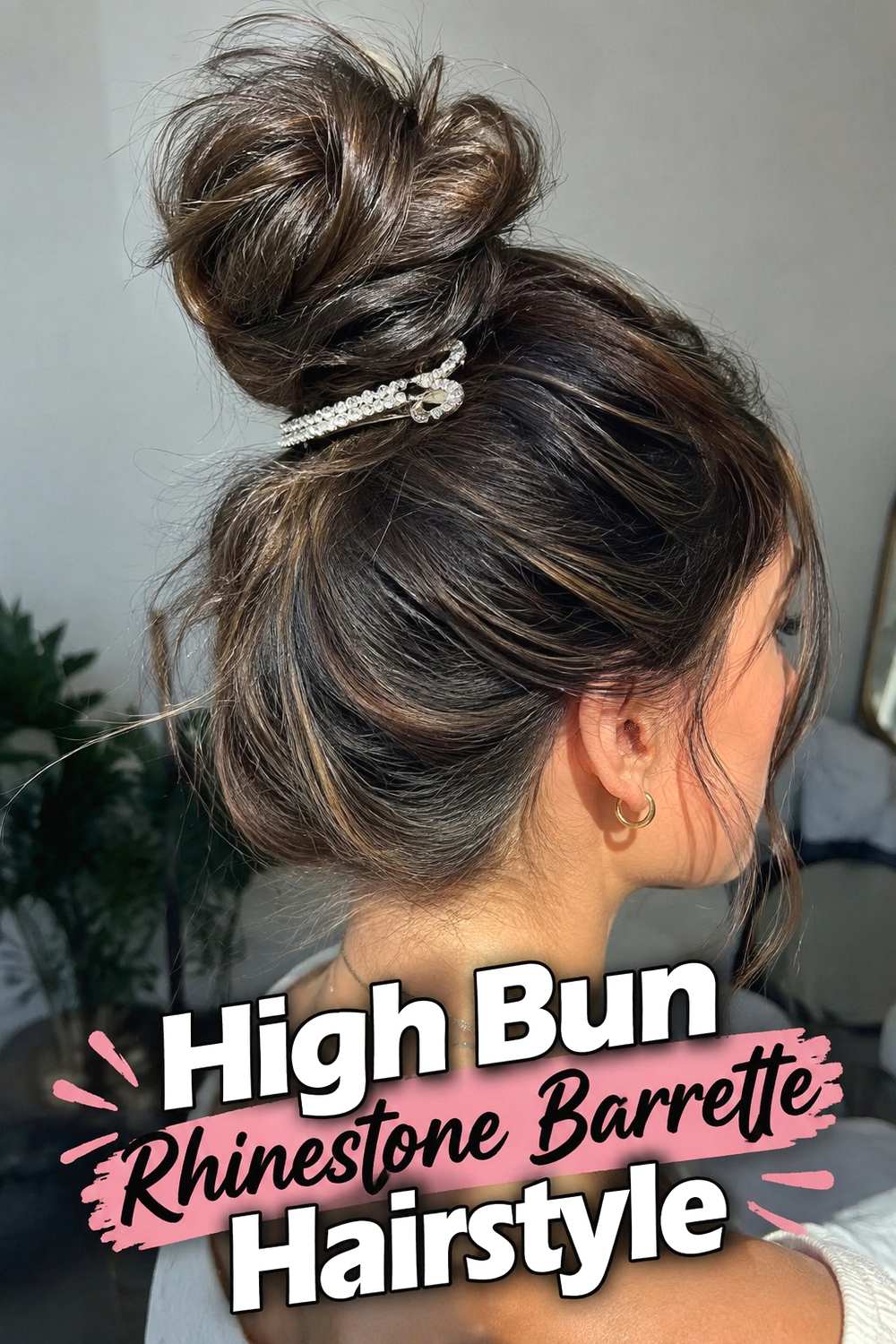 13. High Bun Rhinestone Barrette Hairstyle