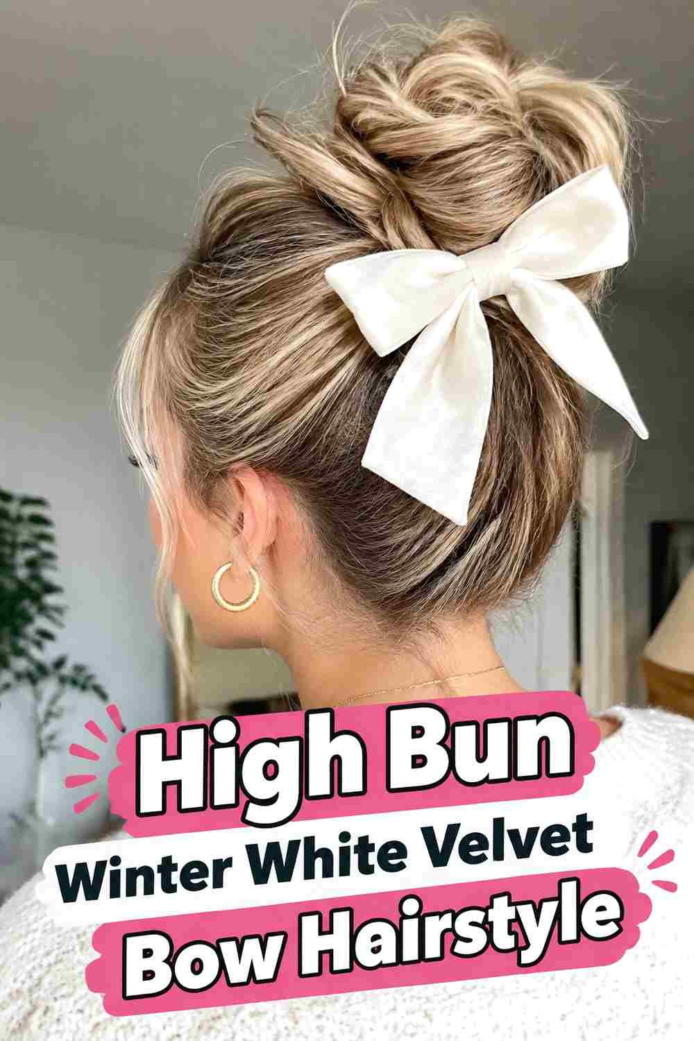 10. High Bun Winter White Velvet Bow Hairstyle