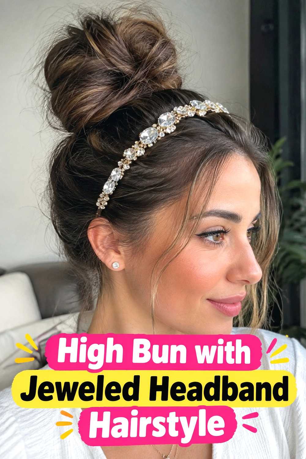 9. High Bun With Jeweled Headband Hairstyle