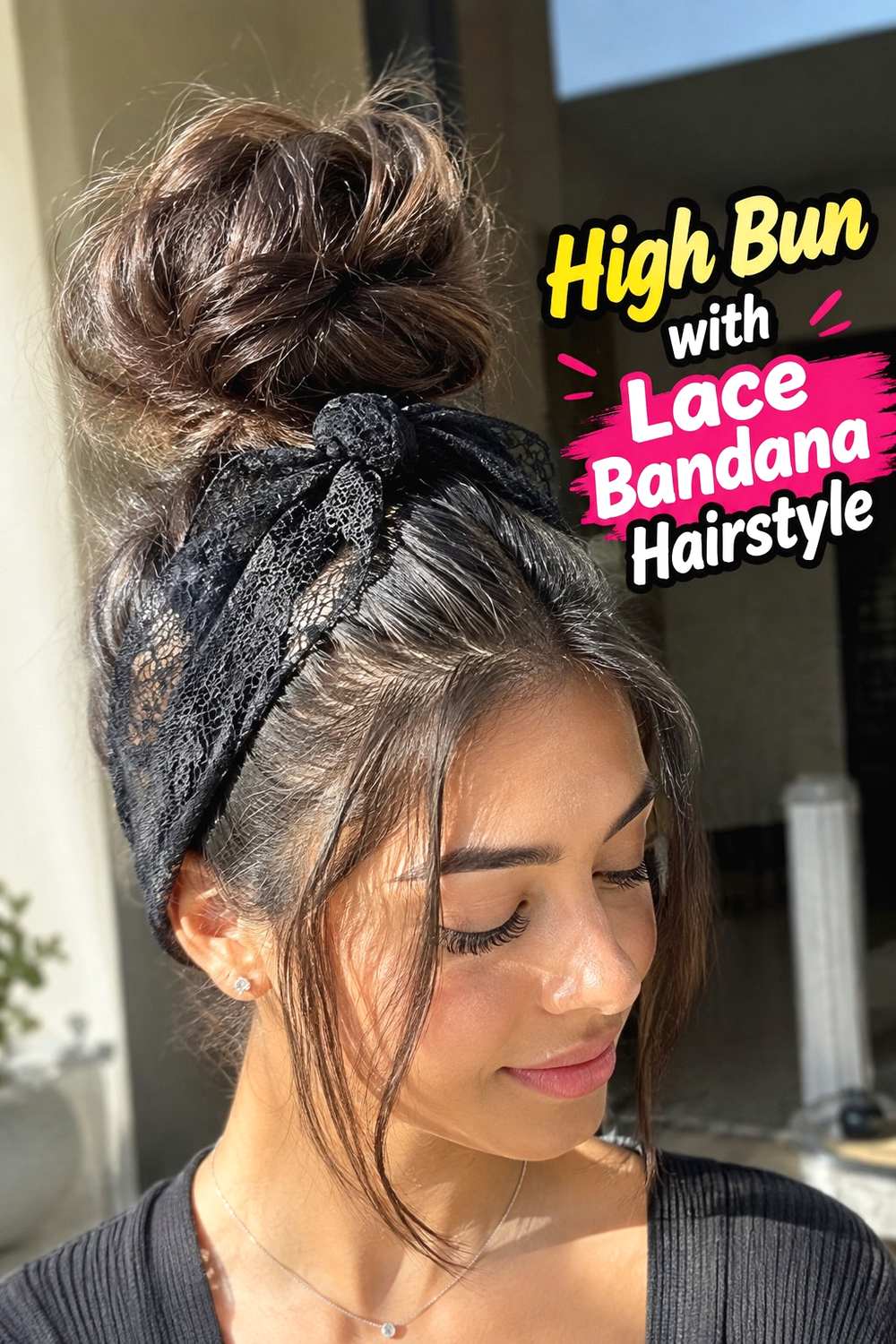 9. High Bun With Lace Bandana Hairstyle