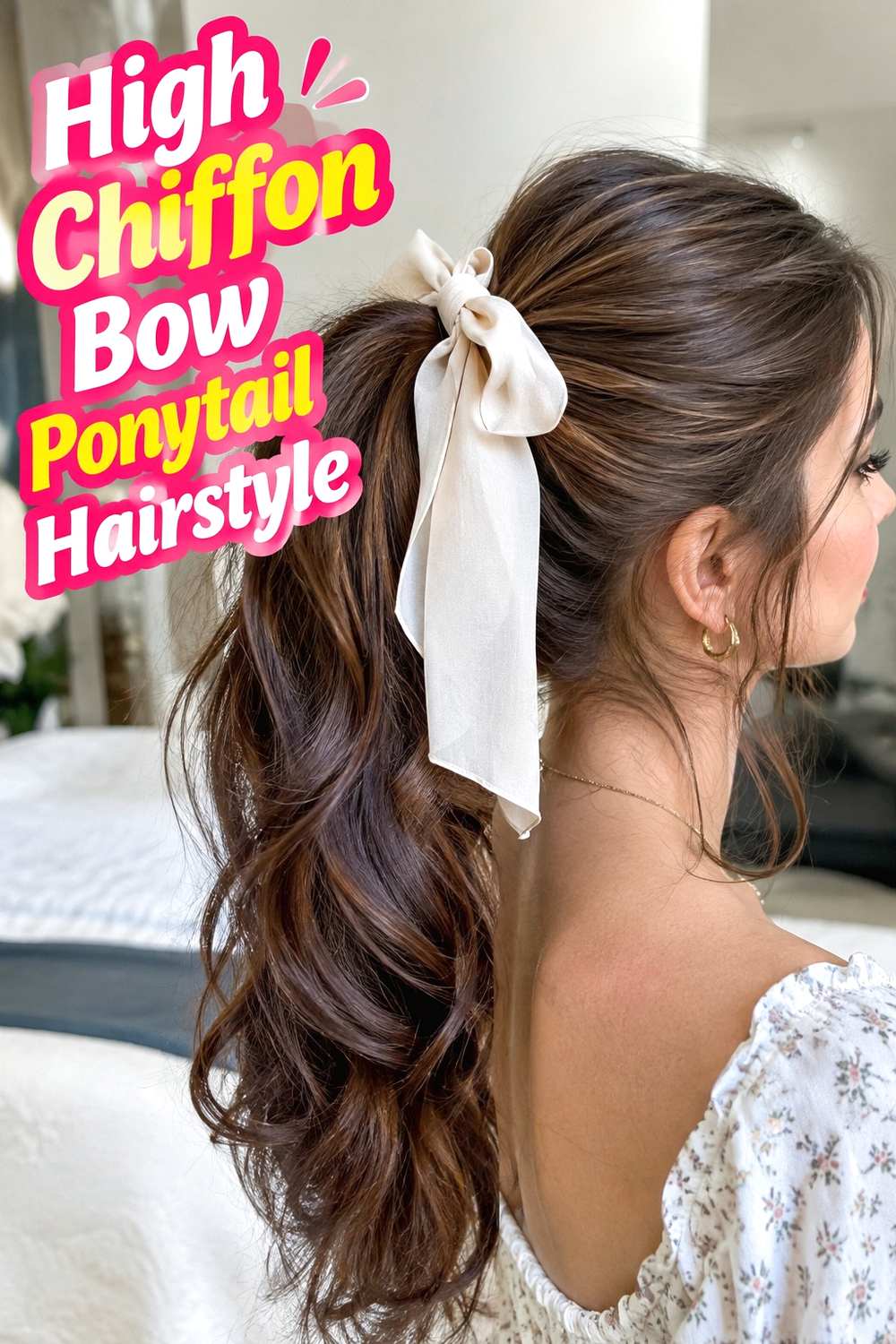 1. High Chiffon Bow Ponytail Hairstyle