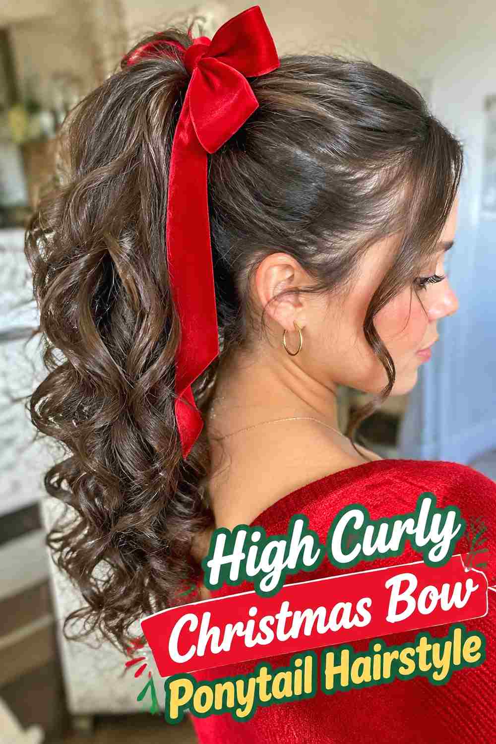 3. High Curly Christmas Bow Ponytail Hairstyle