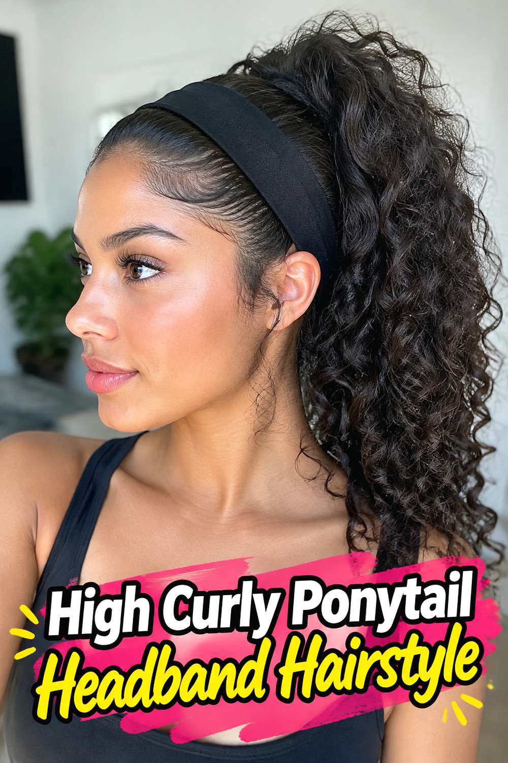 High Curly Ponytail Headband Hairstyle