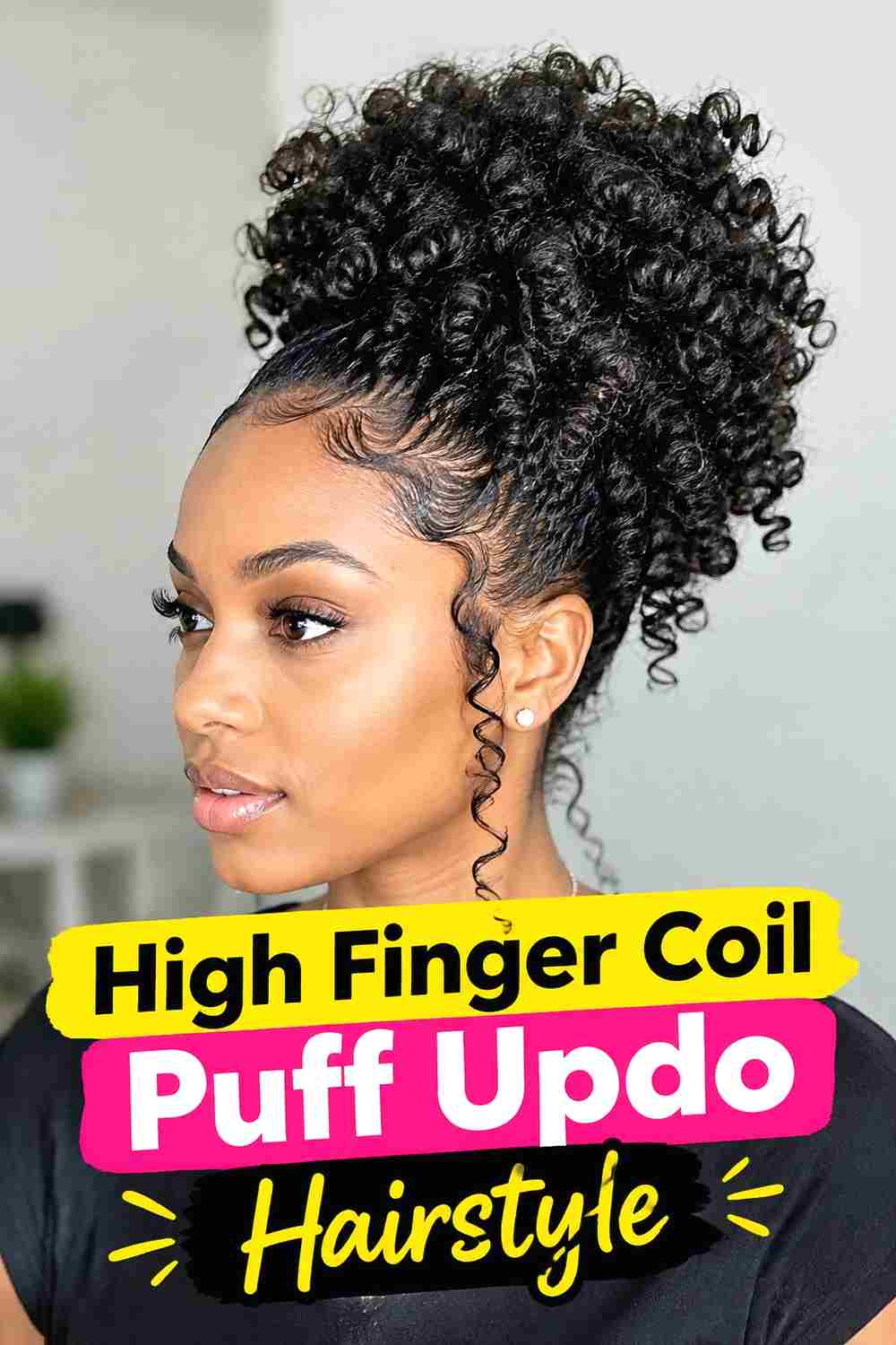 1. High Finger Coil Puff Updo Hairstyle