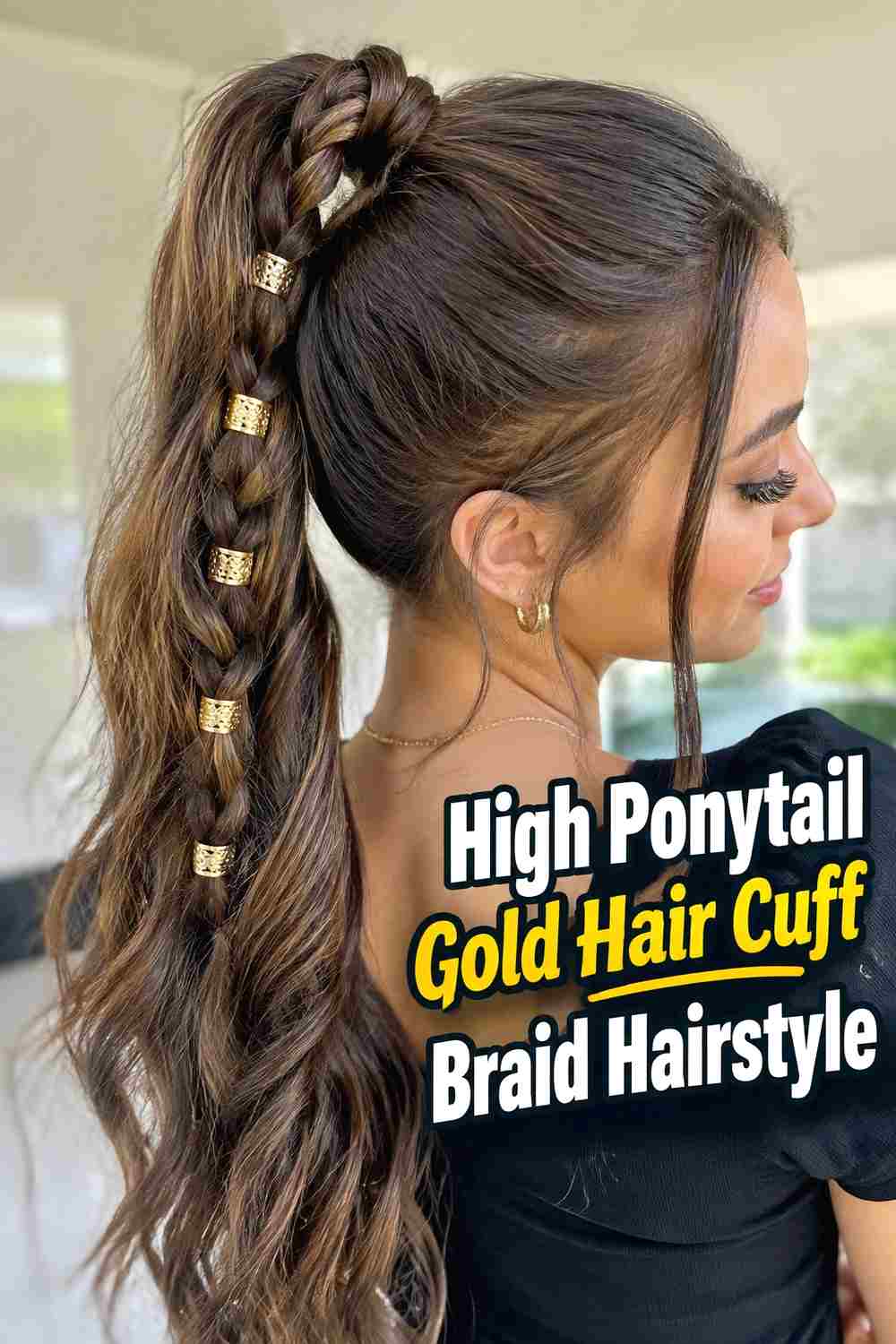 2. High Ponytail Gold Hair Cuff Braid Hairstyle