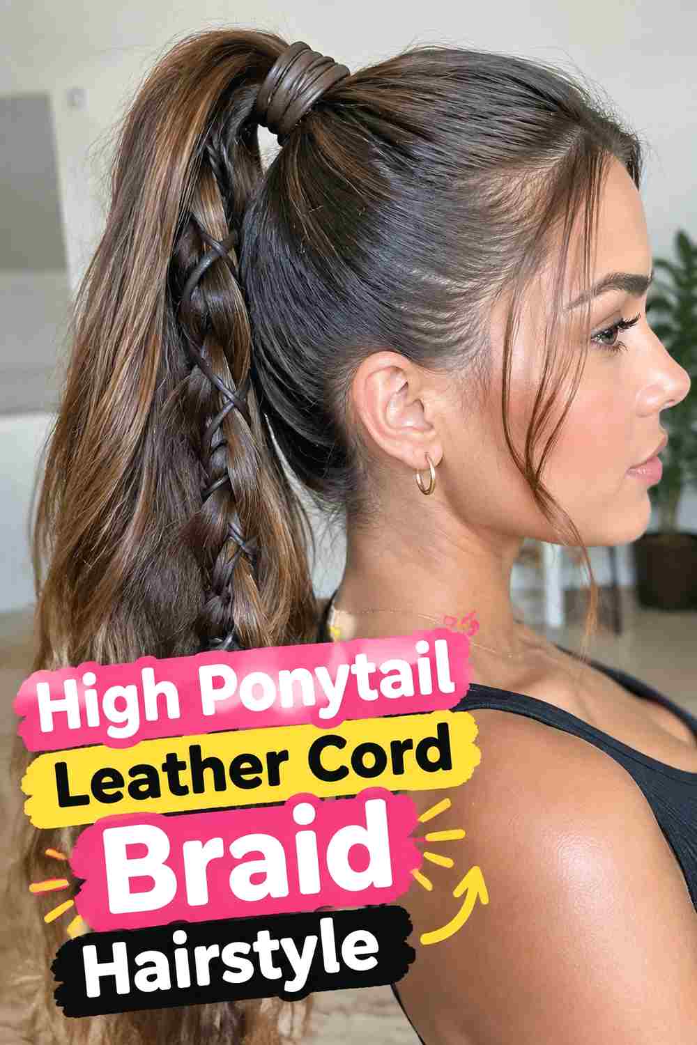 5. High Ponytail Leather Cord Braid Hairstyle