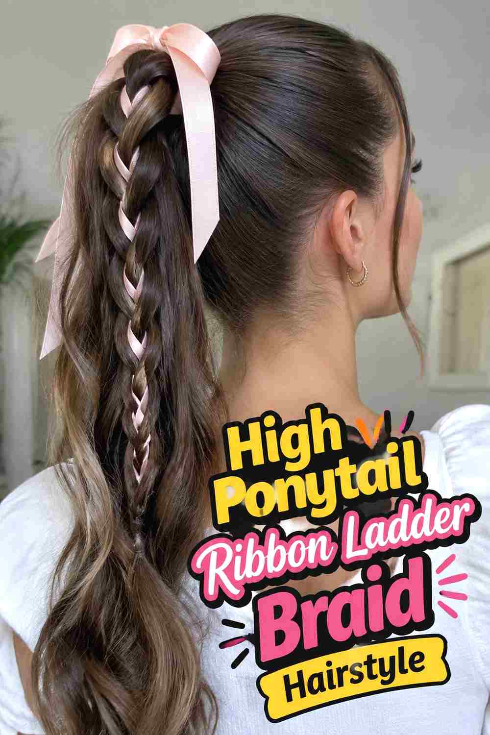 5. High Ponytail Ribbon Ladder Braid Hairstyle