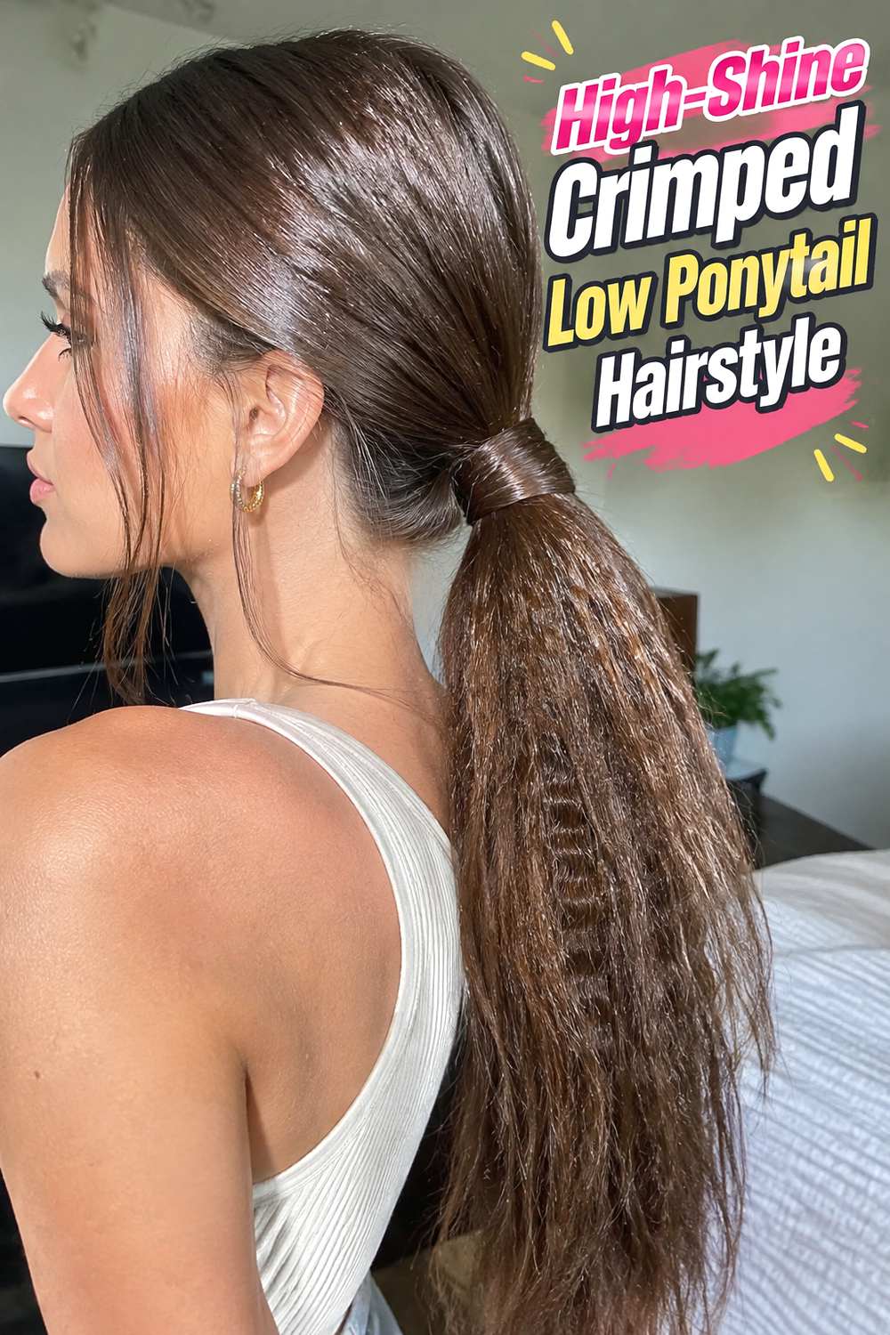 High-Shine Crimped Low Ponytail Hairstyle