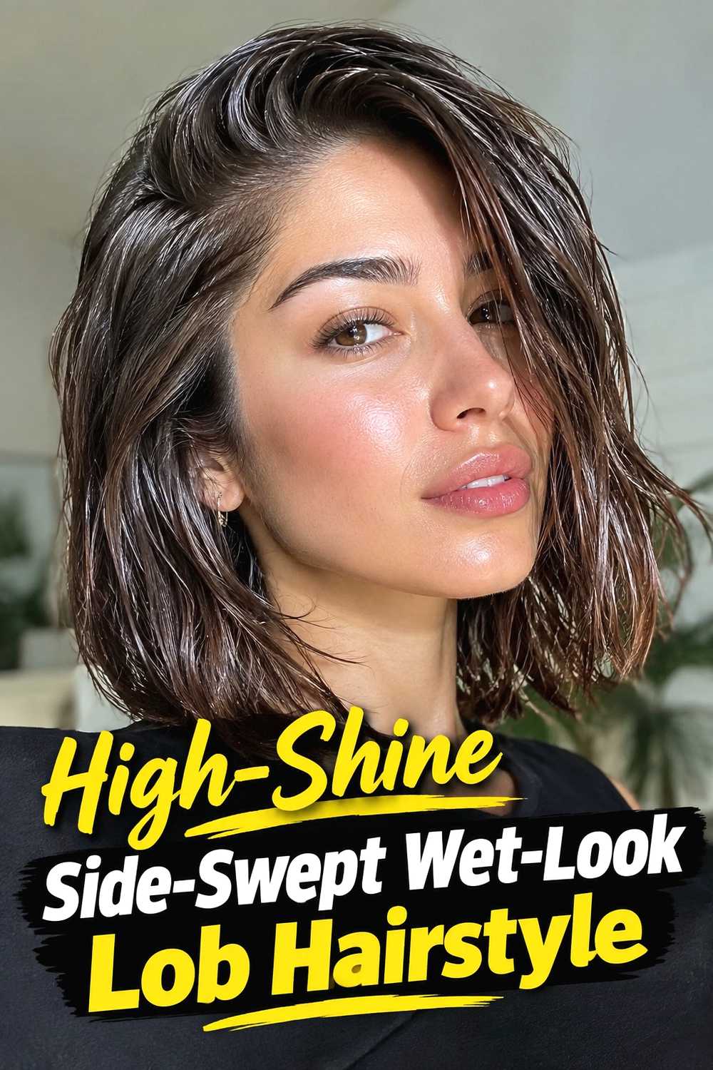 11. High Shine Side Swept Wet Look Lob Hairstyle