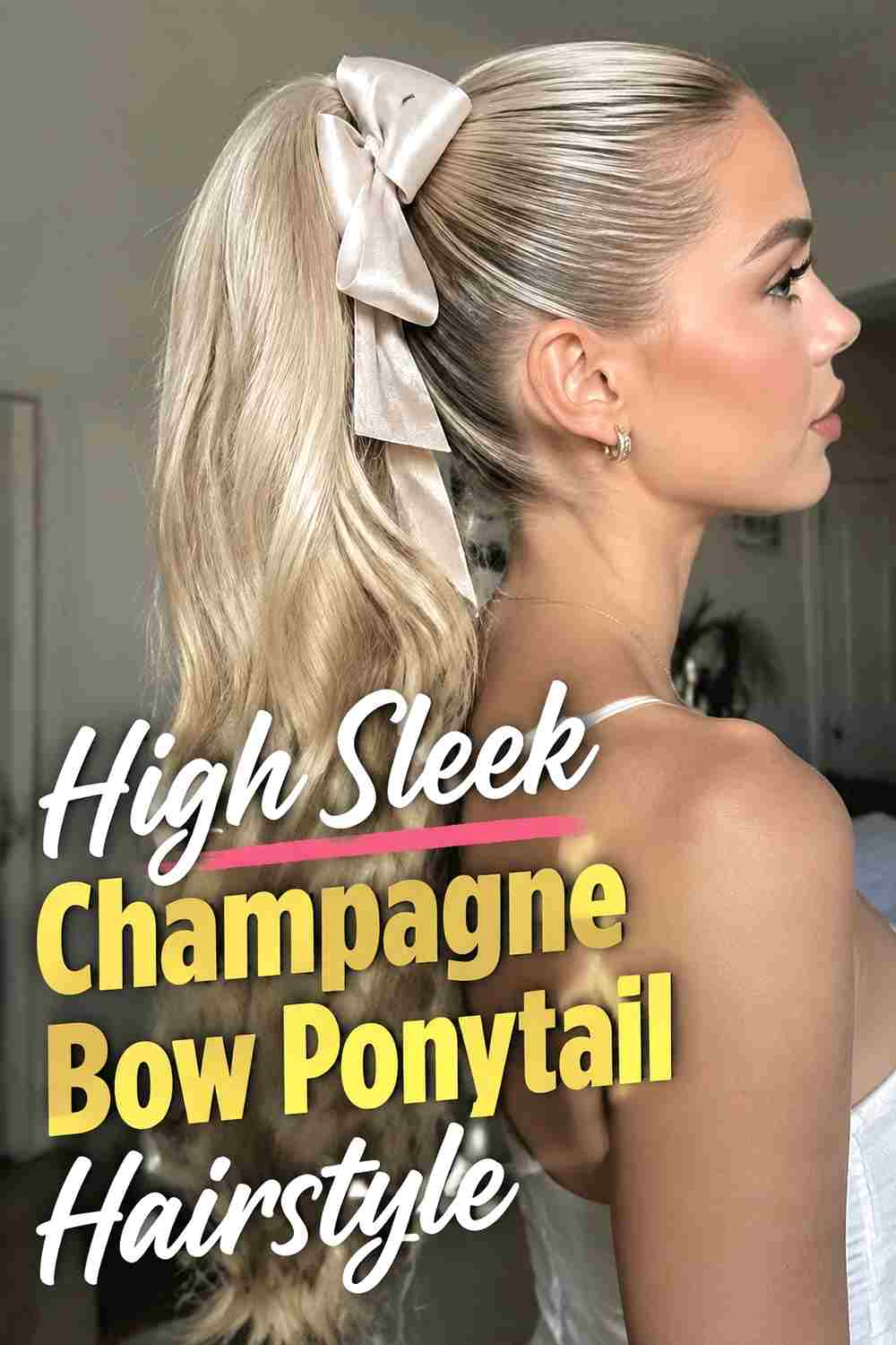 2. High Sleek Champagne Bow Ponytail Hairstyle