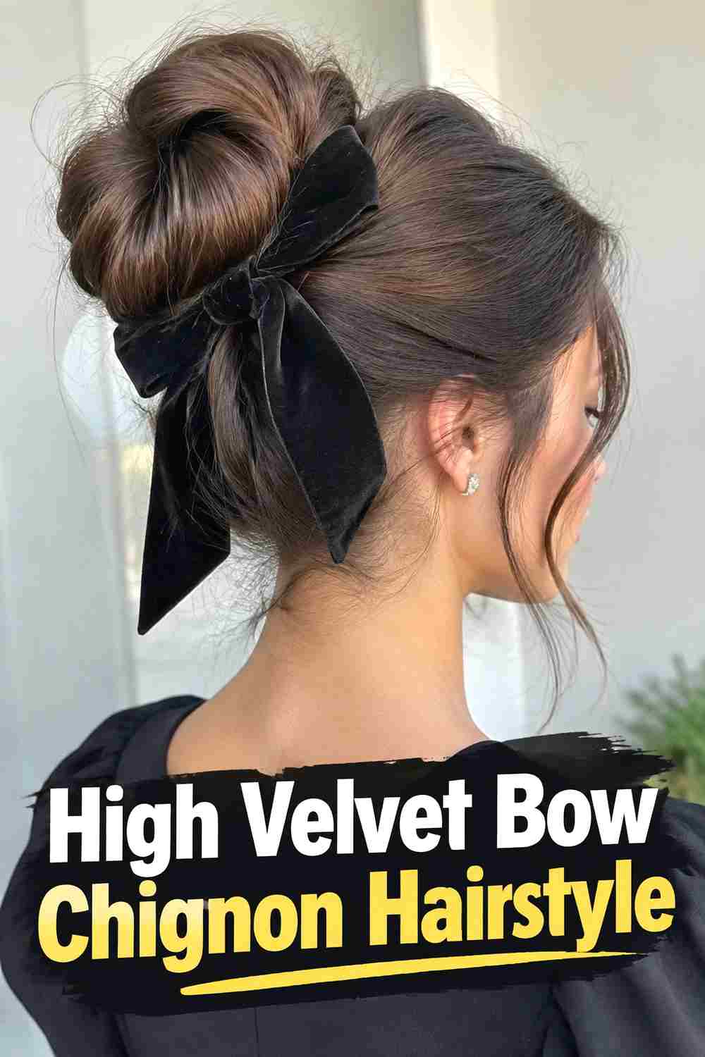6. High Velvet Bow Chignon Hairstyle