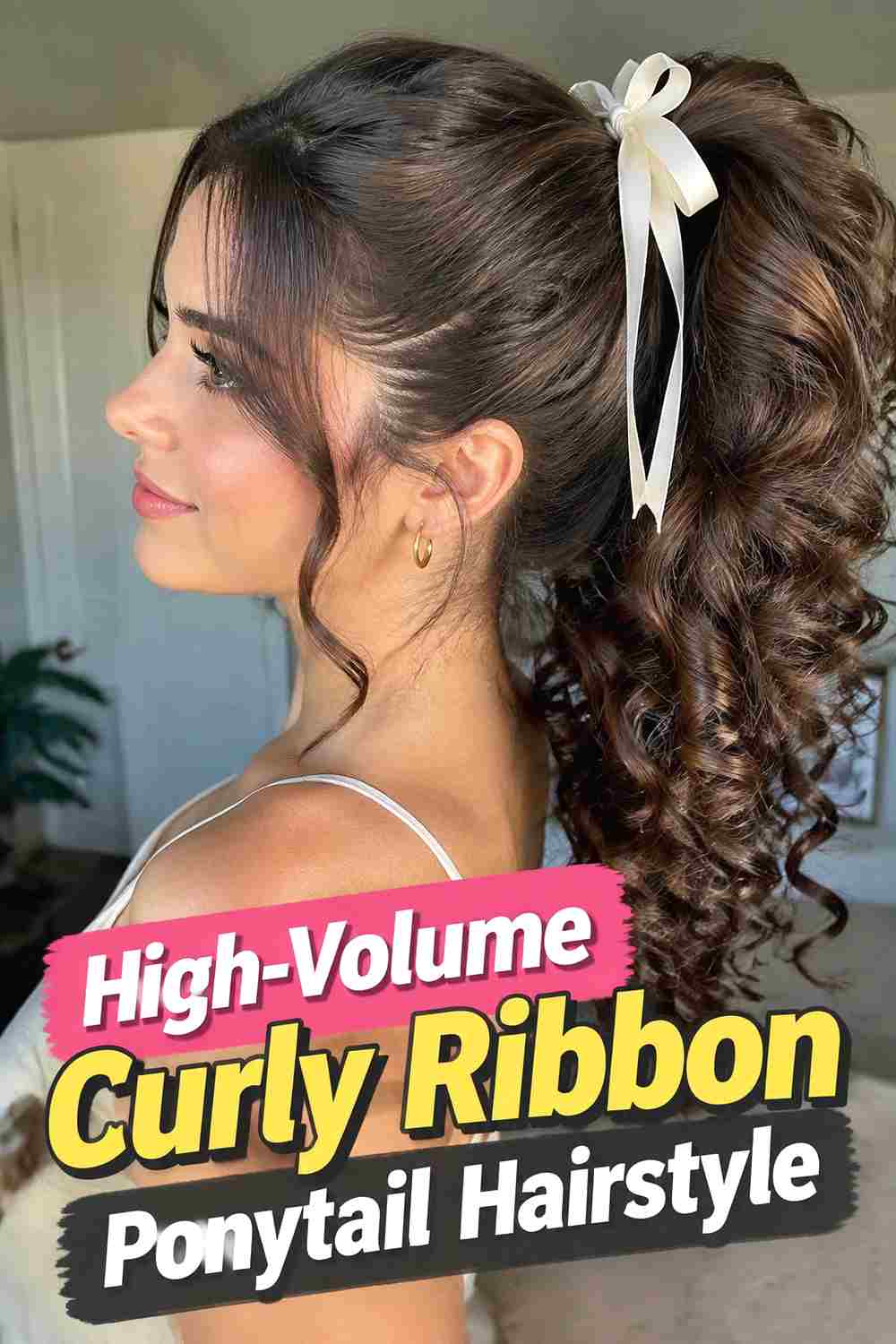 14. High Volume Curly Ribbon Ponytail Hairstyle