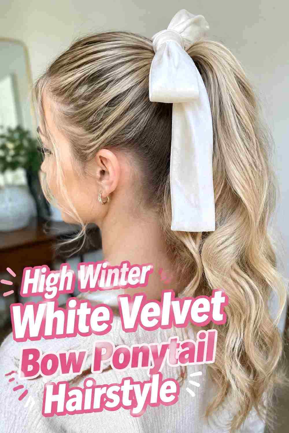 3. High Winter White Velvet Bow Ponytail Hairstyle