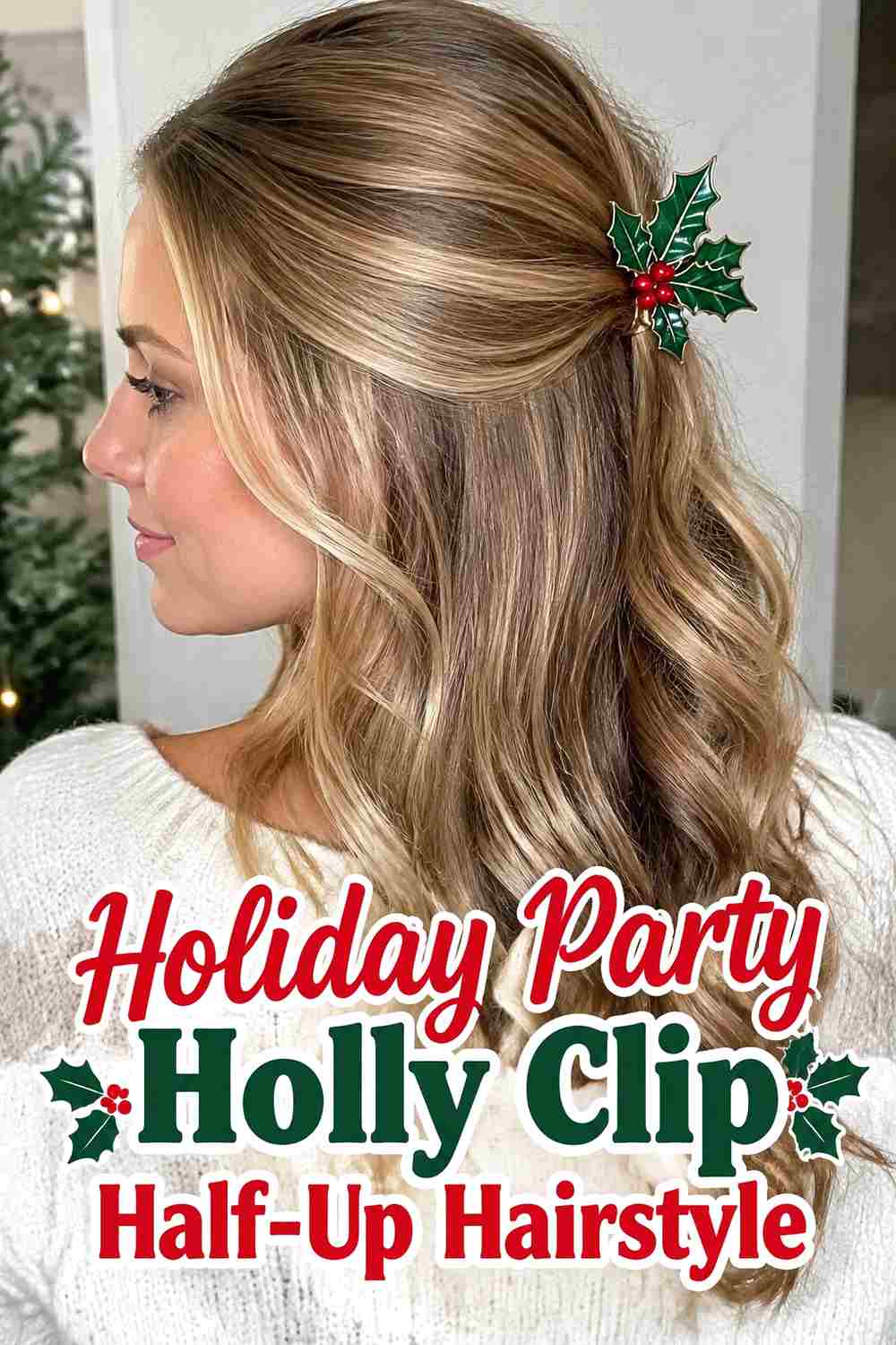 18. Holiday Party Holly Clip Half Up Hairstyle