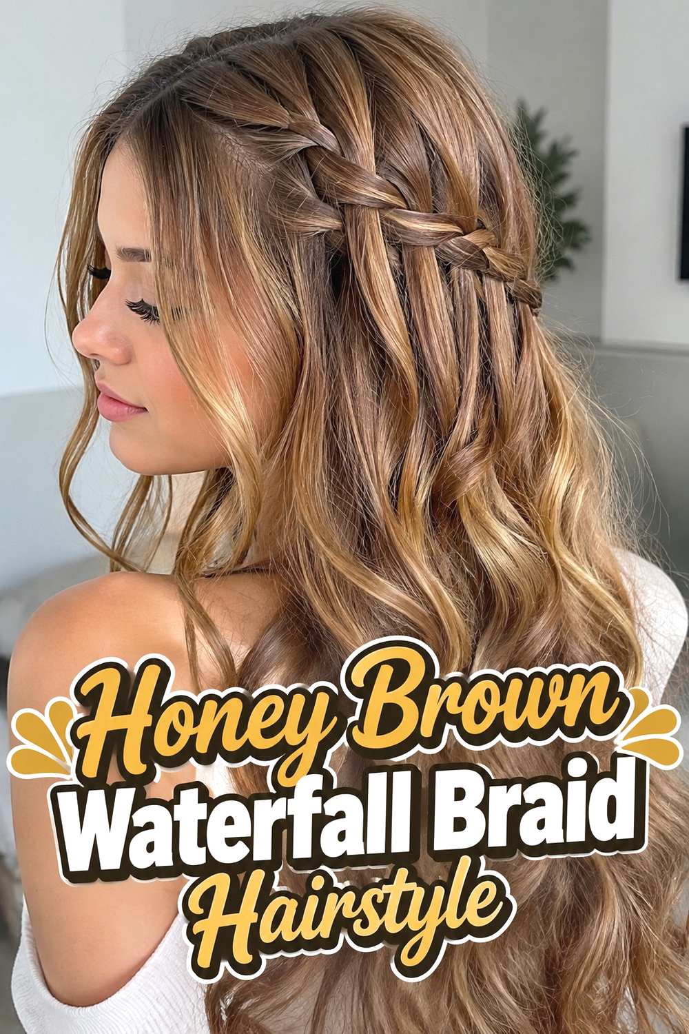 9. Honey Brown Waterfall Braid Hairstyle