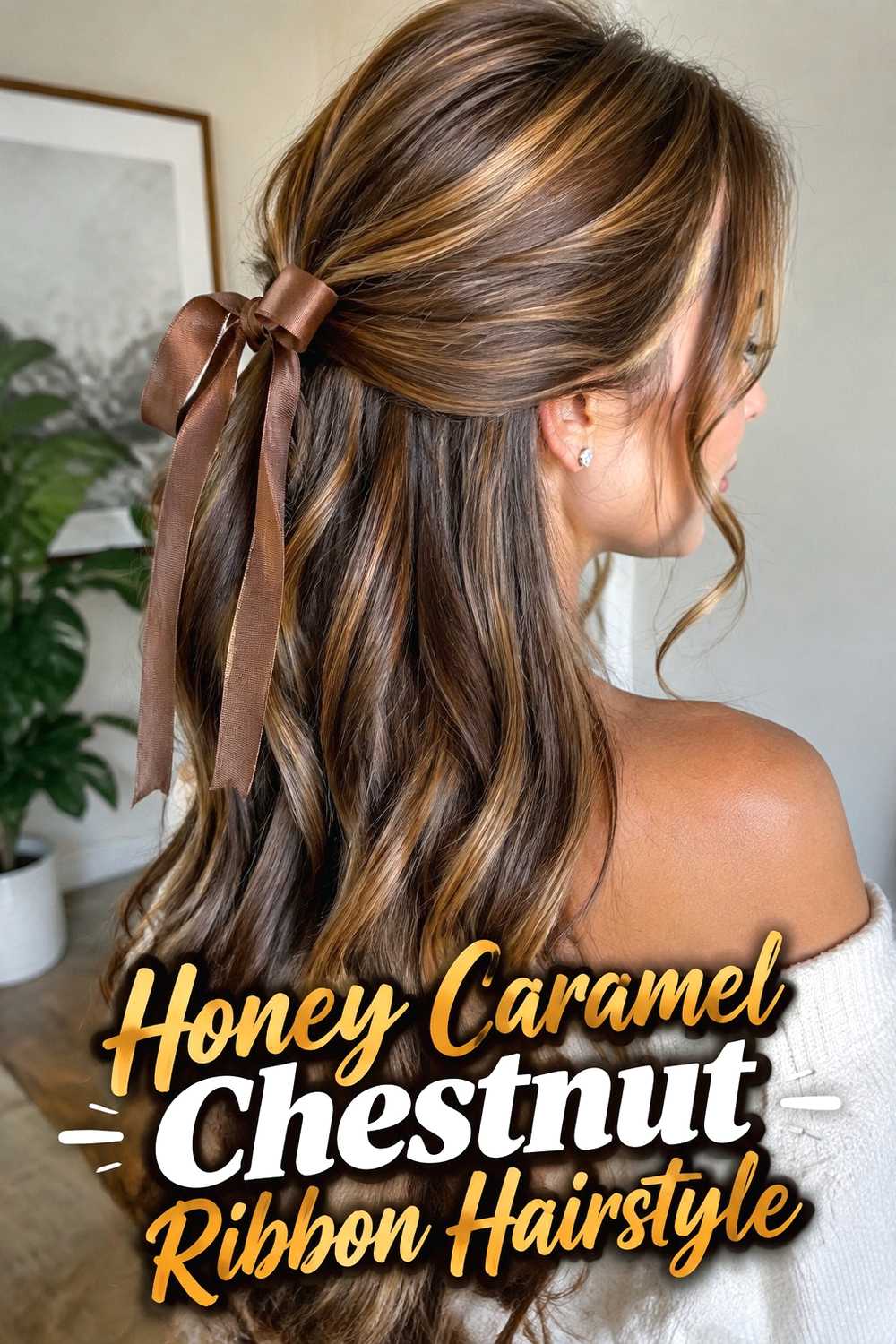 8. Honey Caramel Chestnut Ribbon Hairstyle