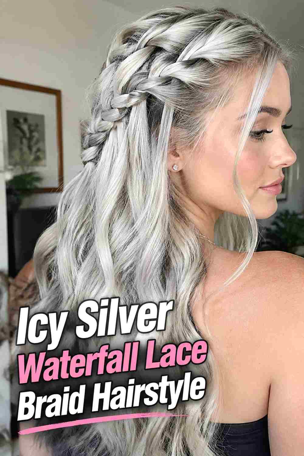 2. Icy Silver Waterfall Lace Braid Hairstyle
