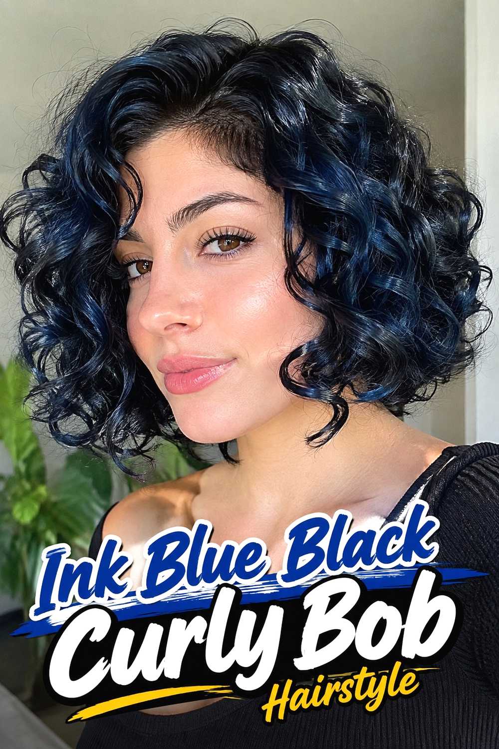 12. Ink Blue Black Curly Bob Hairstyle