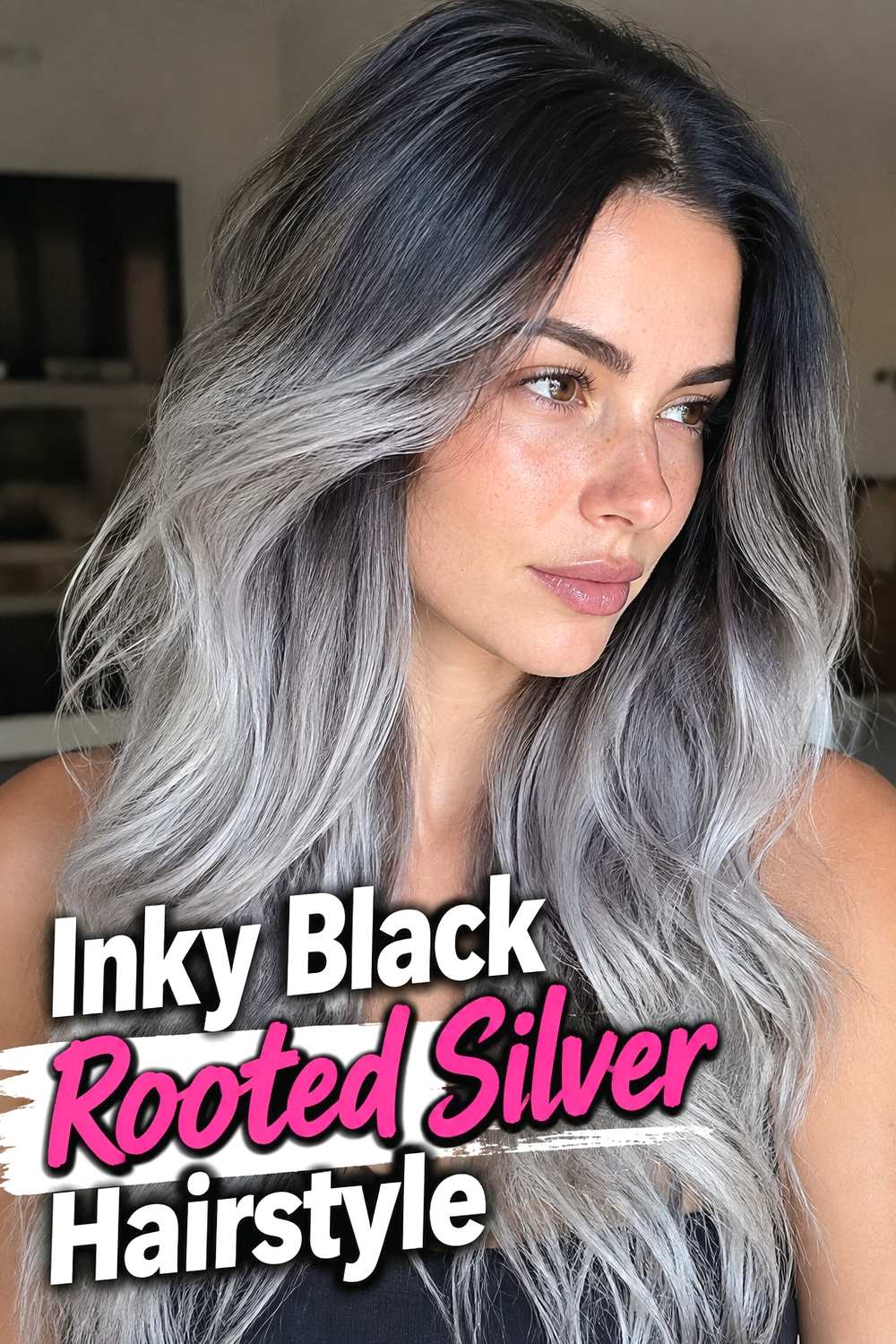 15. Inky Black Rooted Silver Hairstyle