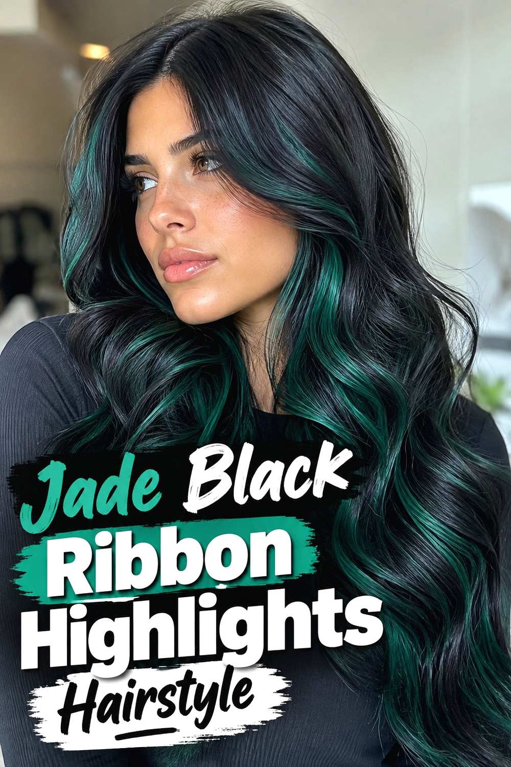 12. Jade Black Ribbon Highlights Hairstyle