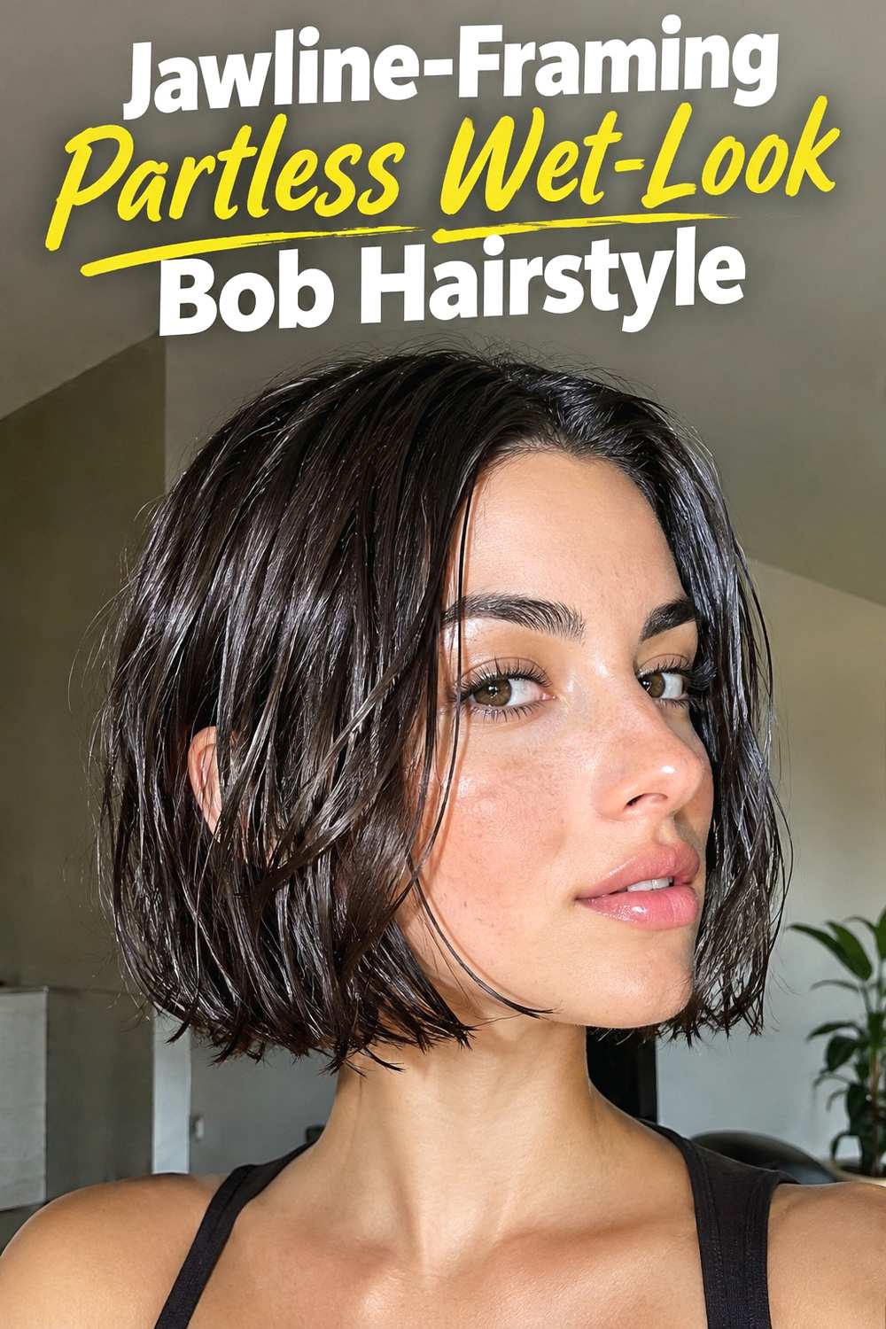 12. Jawline Framing Partless Wet Look Bob Hairstyle