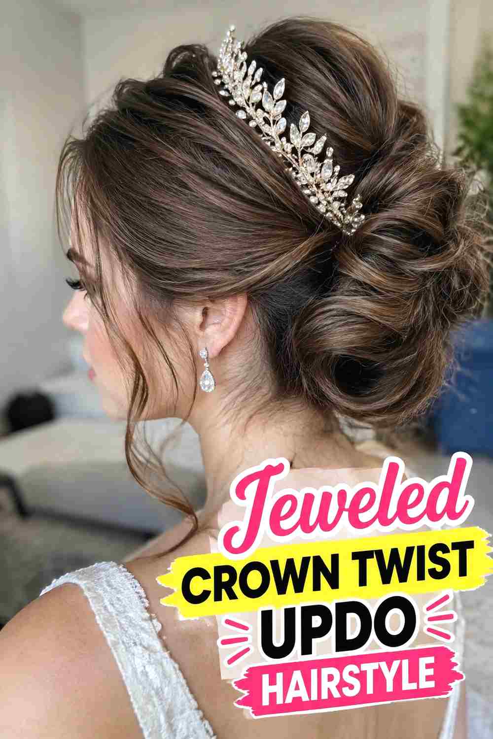 4. Jeweled Crown Twist Updo Hairstyle