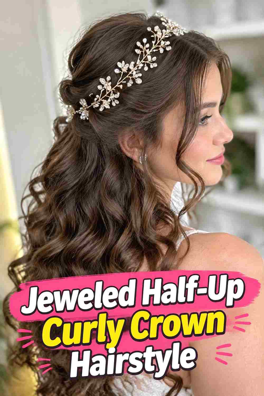 5. Jeweled Half Up Curly Crown Hairstyle