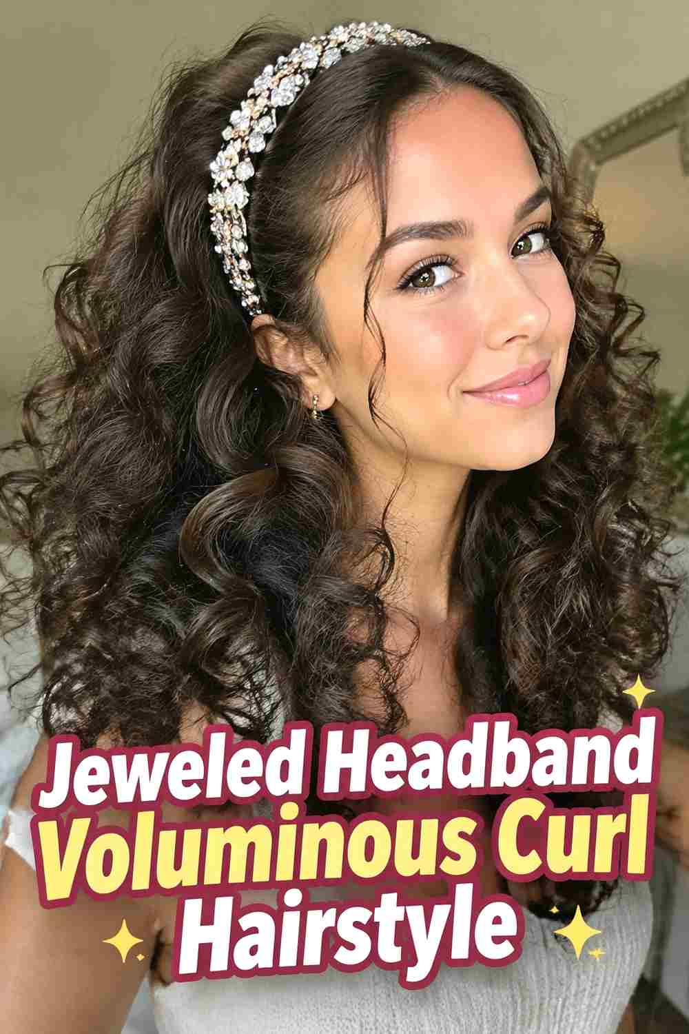 14. Jeweled Headband Voluminous Curl Hairstyle