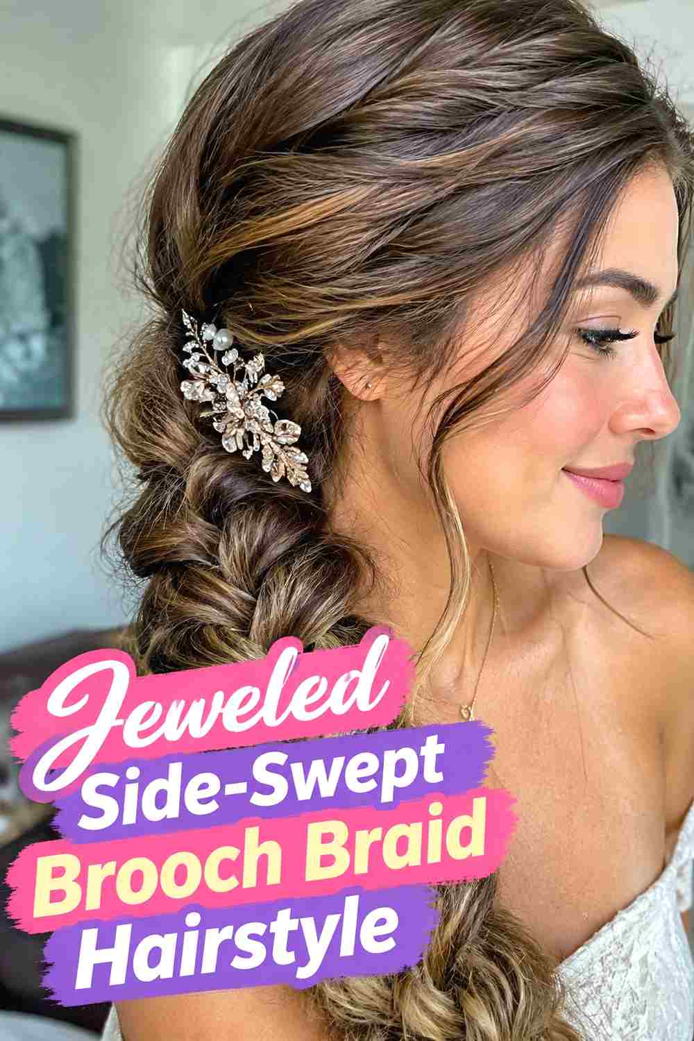 1. Jeweled Side Swept Brooch Braid Hairstyle