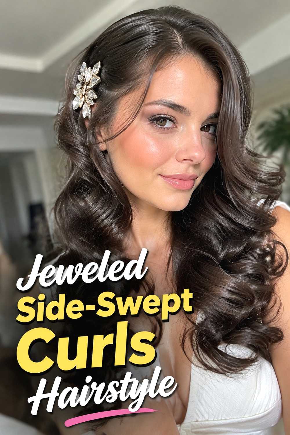 2. Jeweled Side Swept Curls Hairstyle