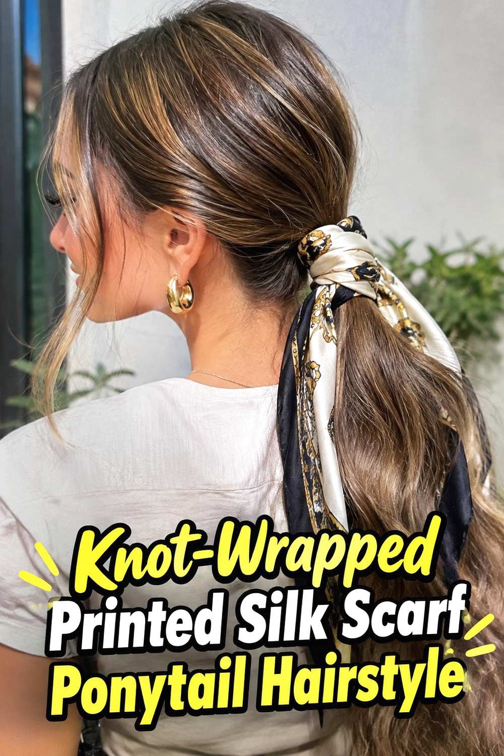 12. Knot Wrapped Printed Silk Scarf Ponytail Hairstyle