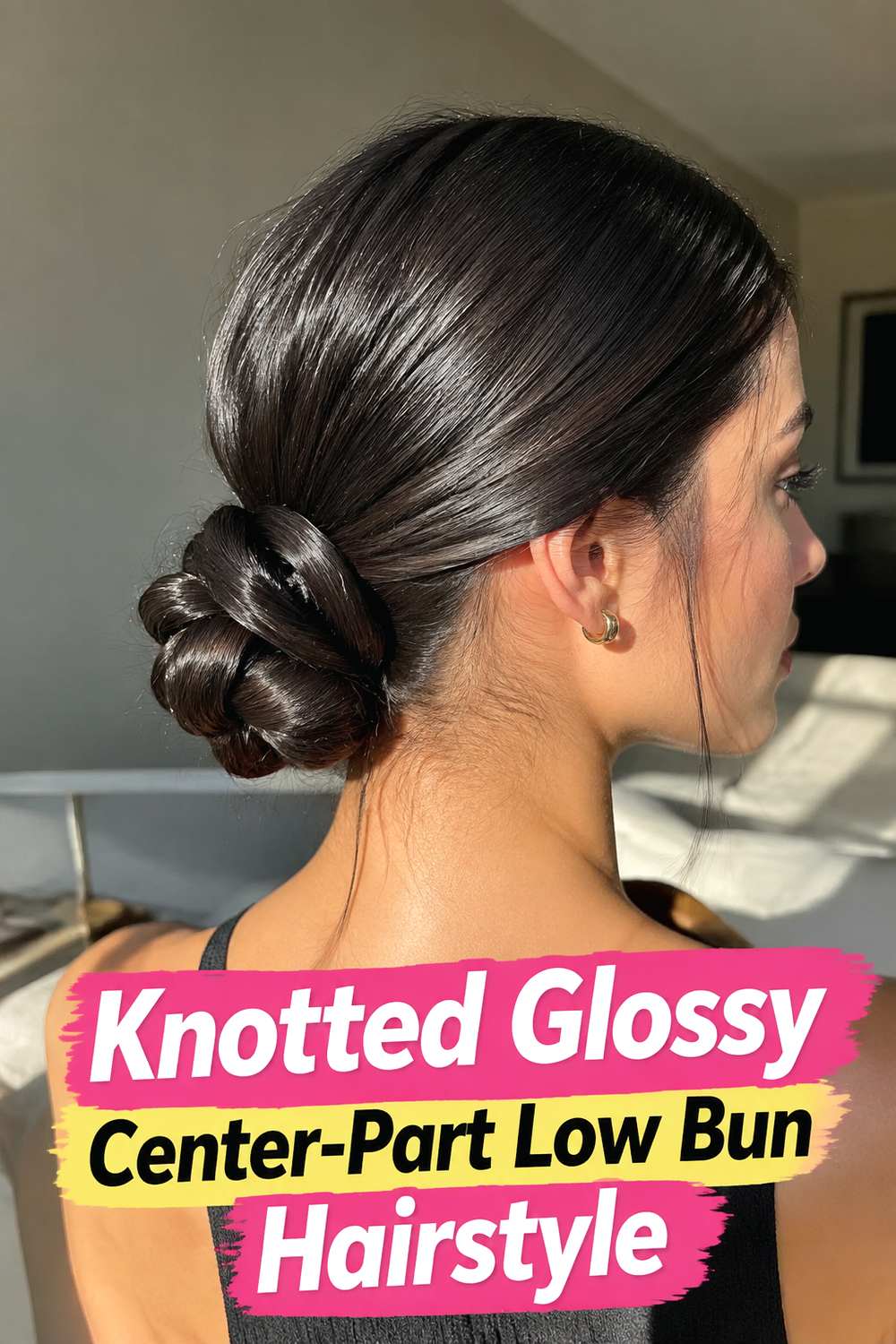 Knotted Glossy Center-Part Low Bun Hairstyle