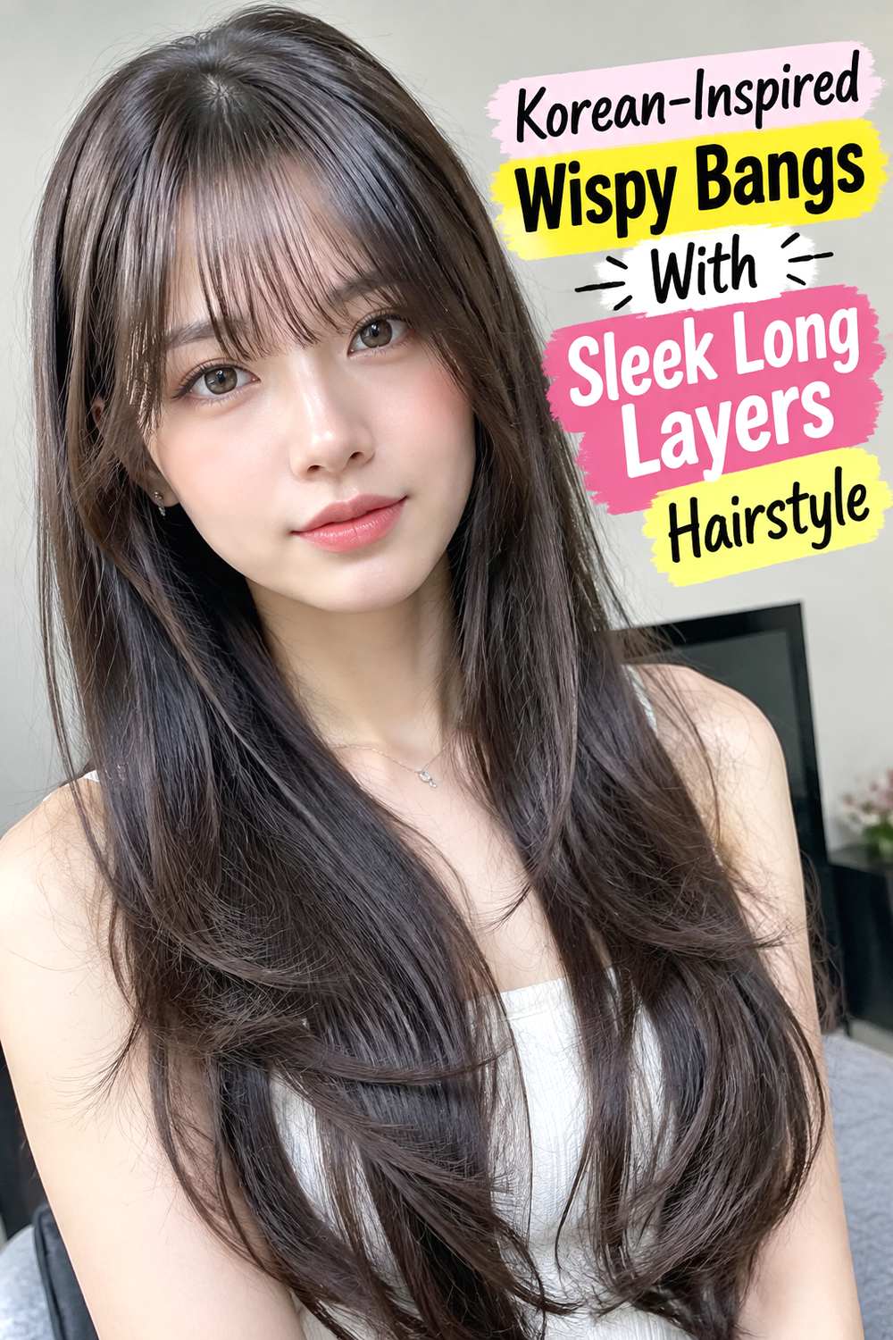 Korean-Inspired Wispy Bangs With Sleek Long Layers Hairstyle