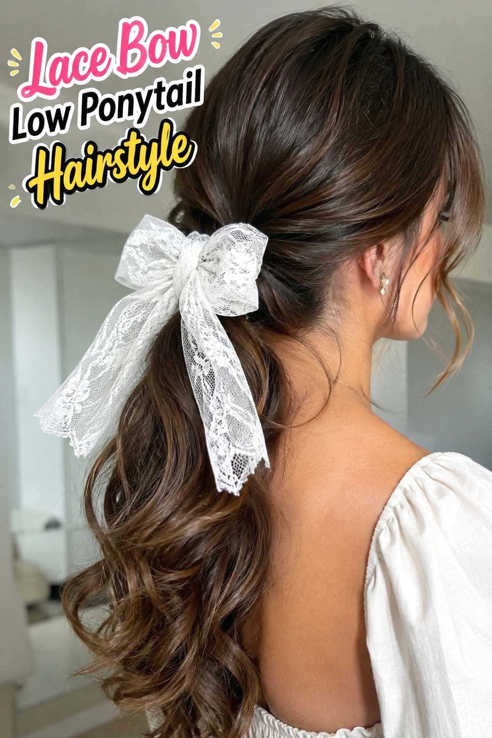 2. Lace Bow Low Ponytail Hairstyle