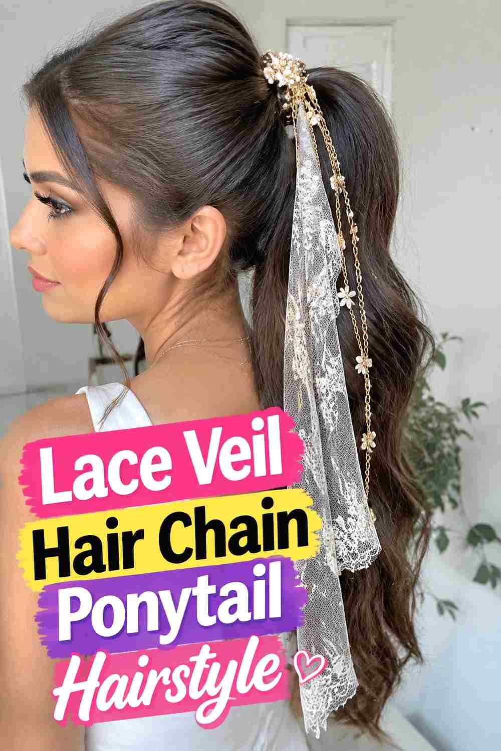 6. Lace Veil Hair Chain Ponytail Hairstyle