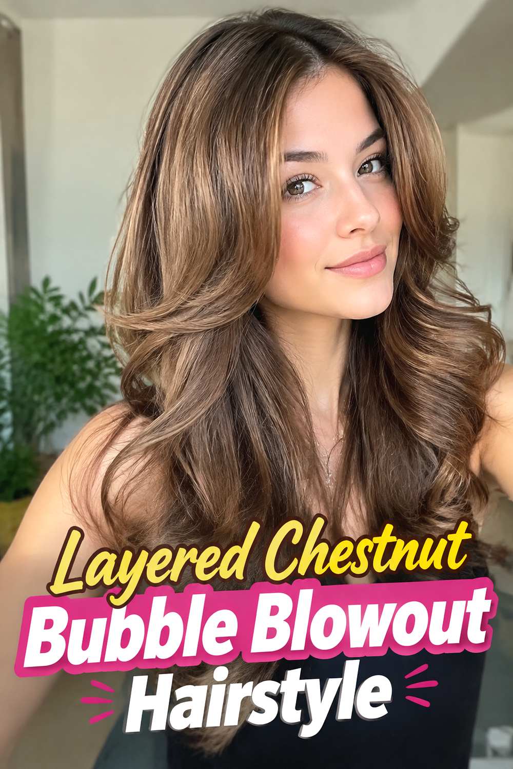 Layered Chestnut Bubble Blowout Hairstyle