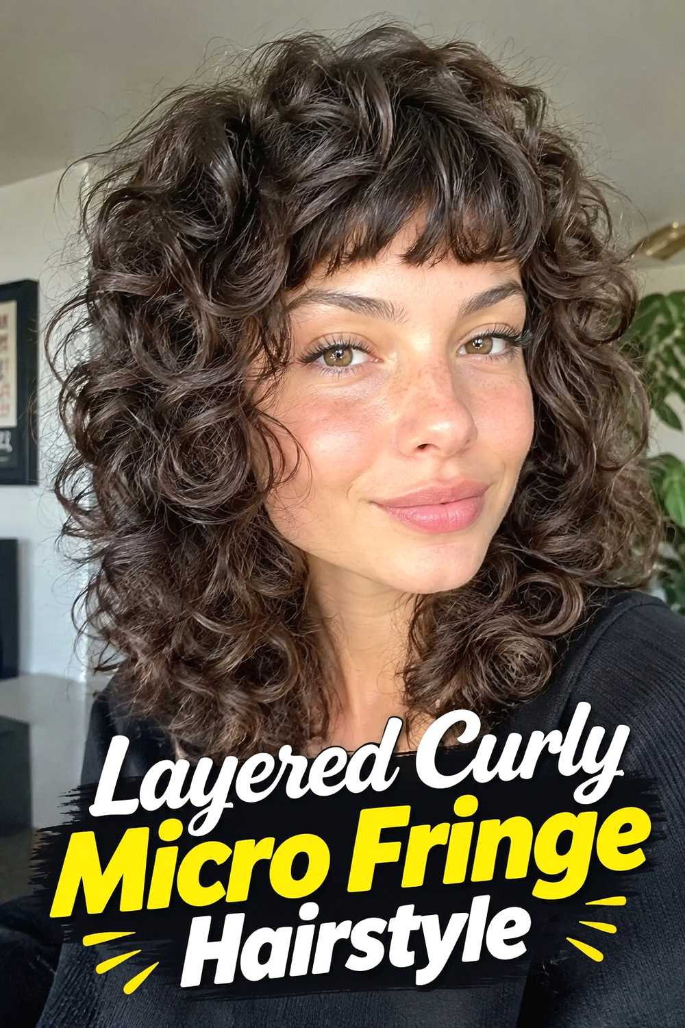 12. Layered Curly Micro Fringe Hairstyle