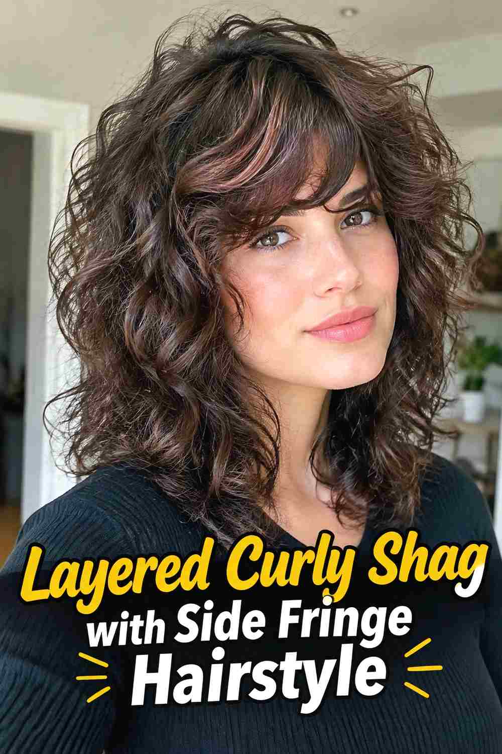 2. Layered Curly Shag With Side Fringe Hairstyle